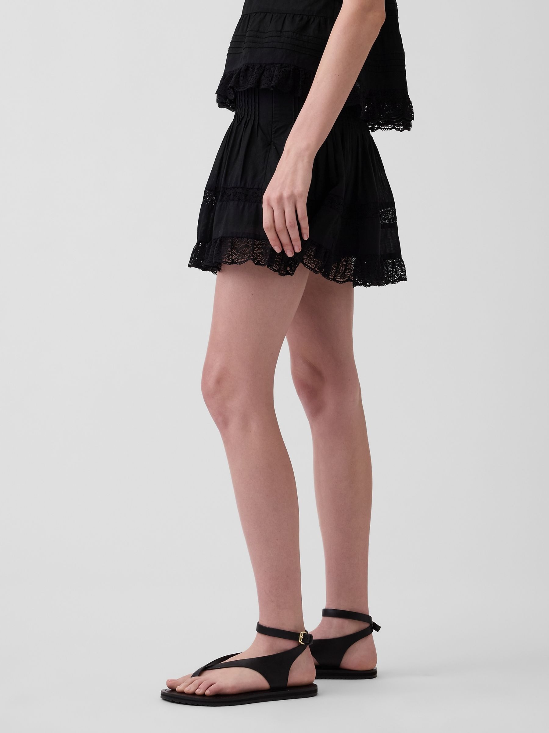 Black Pintuck Lace-Trim Easy Mini Skirt - Image 3 of 5