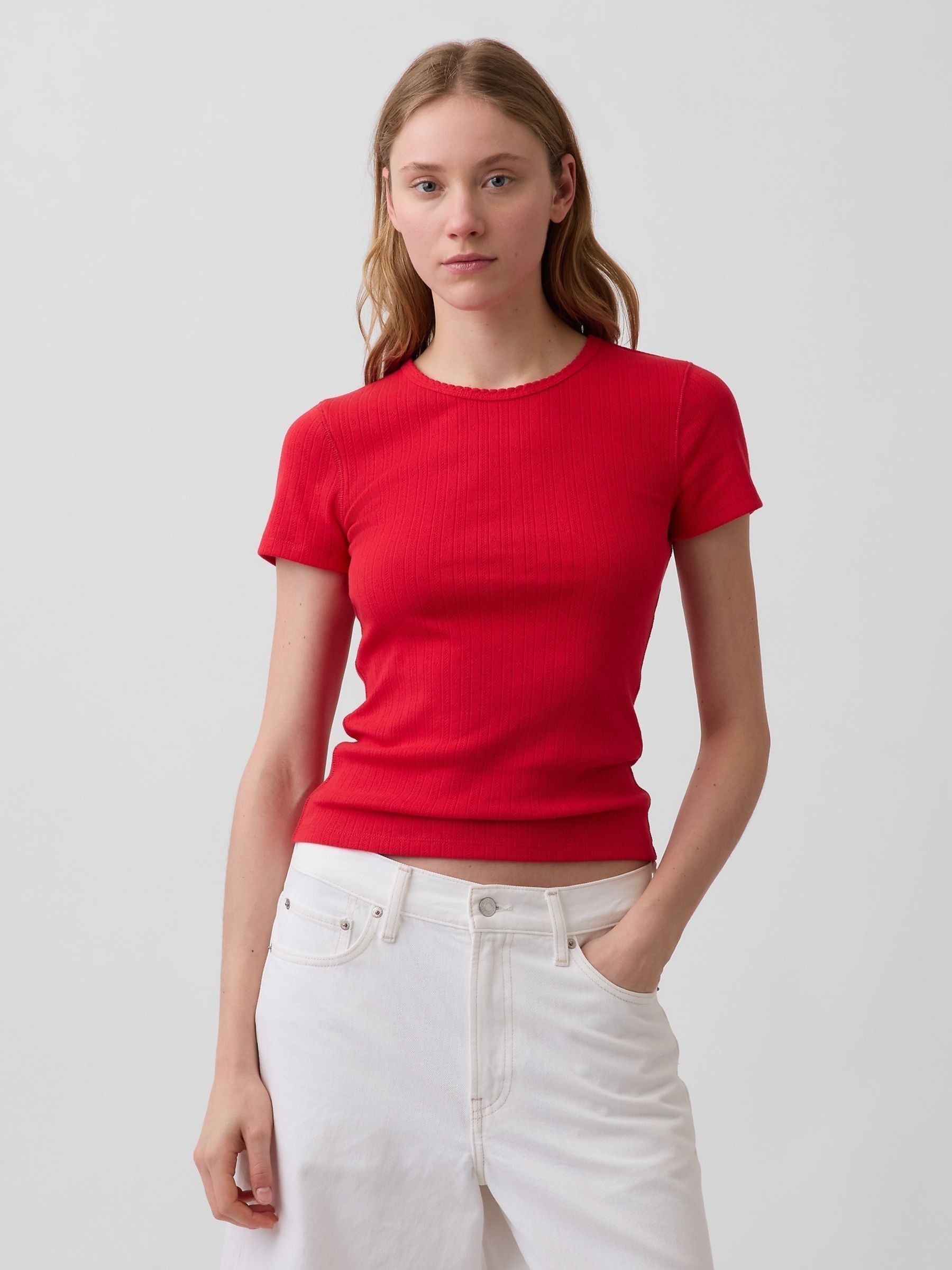 Red Pointelle Crew Neck Short Sleeve T-Shirt - Image 1 of 3