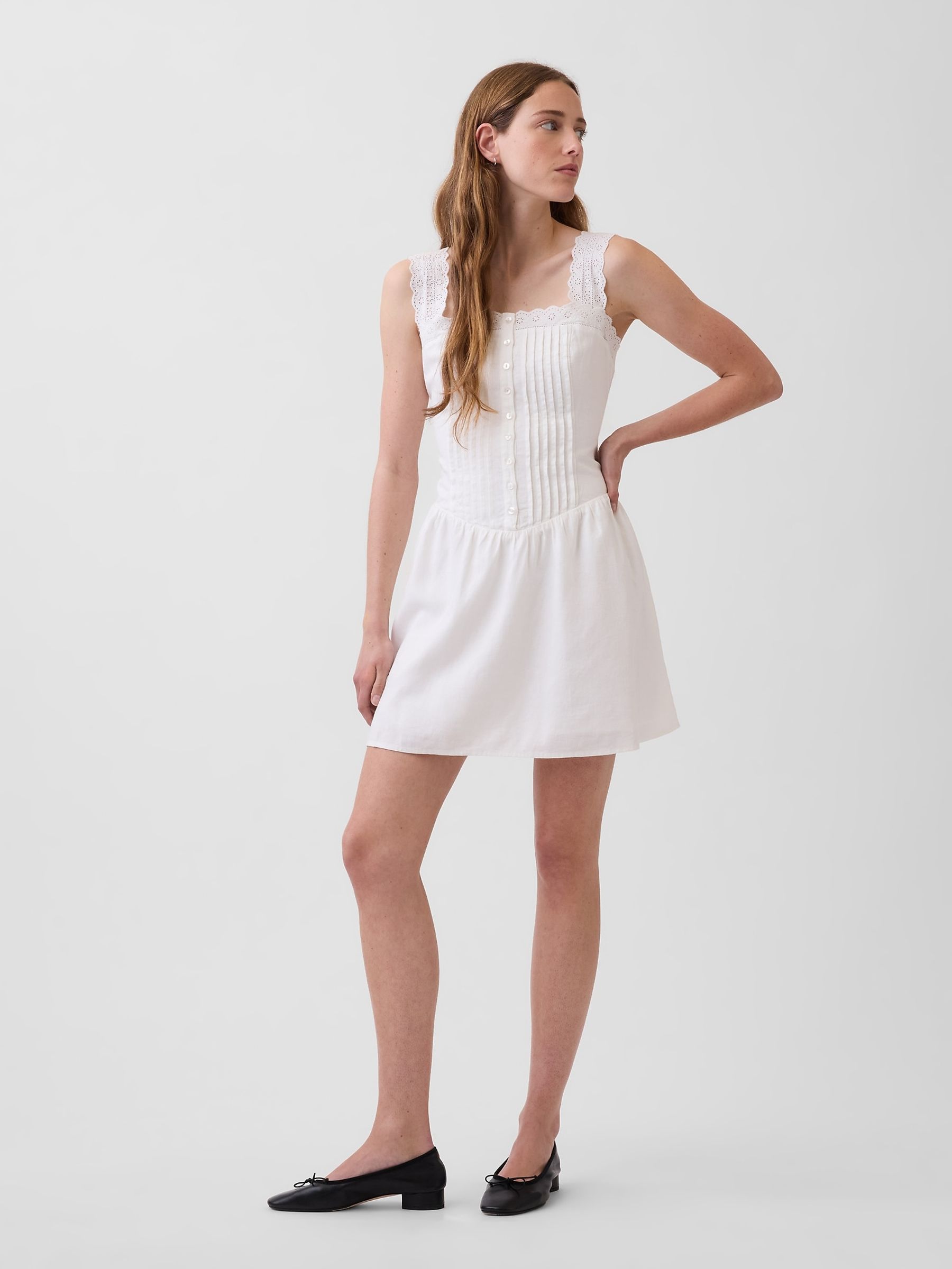 White Pintuck Drop-Waist Mini Dress - Image 1 of 4