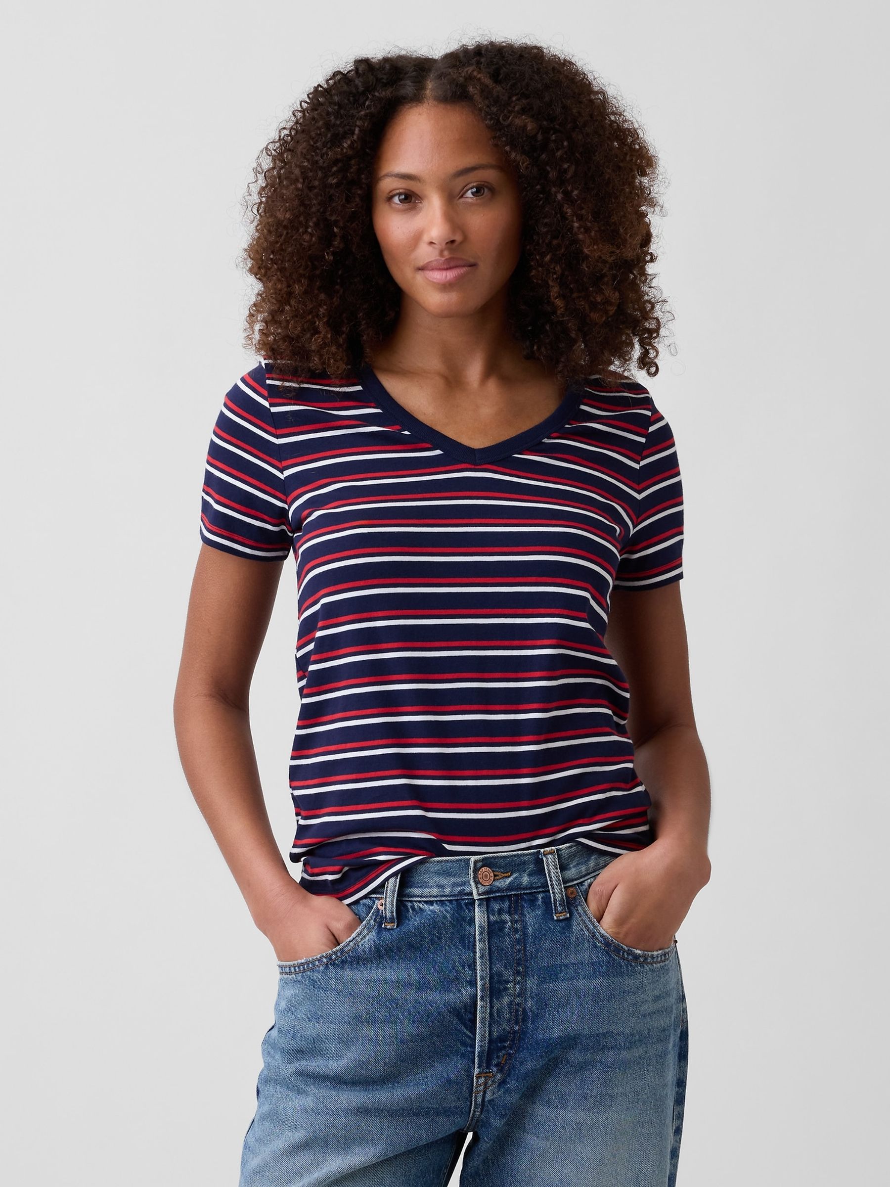 Blue/Red stripe Favourite V-Neck Short Sleeve T-Shirt - Image 1 of 5