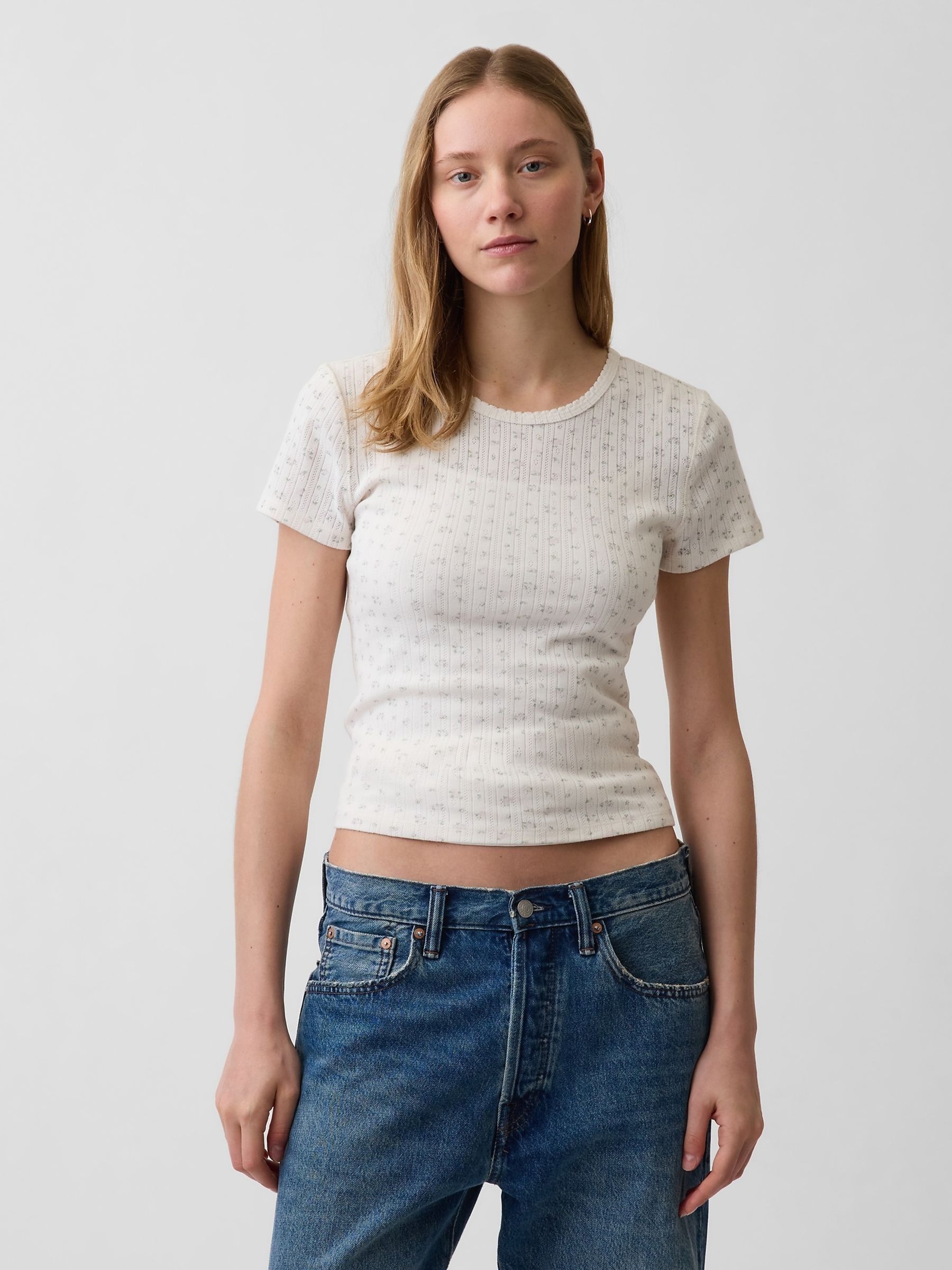 Cream Pointelle Crew Neck Short Sleeve T-Shirt - Image 1 of 6 Cream Pointelle Crew Neck Short Sleeve T-Shirt - Image 1 of 6