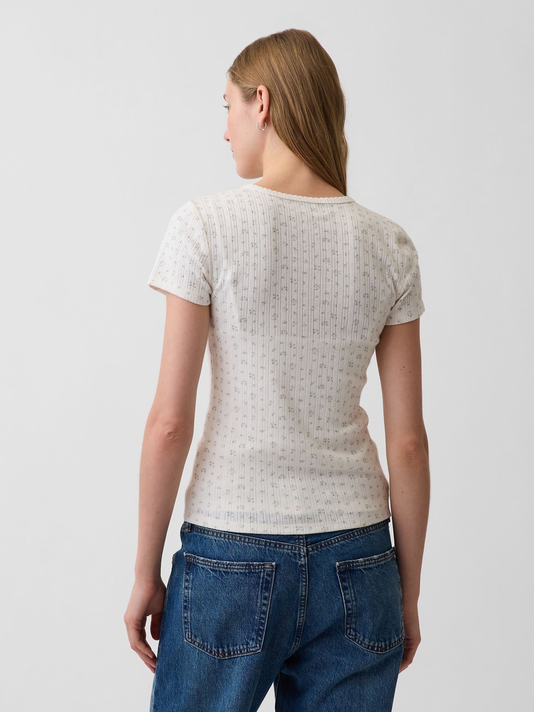 Cream Pointelle Crew Neck Short Sleeve T-Shirt - Image 2 of 6 Cream Pointelle Crew Neck Short Sleeve T-Shirt - Image 2 of 6