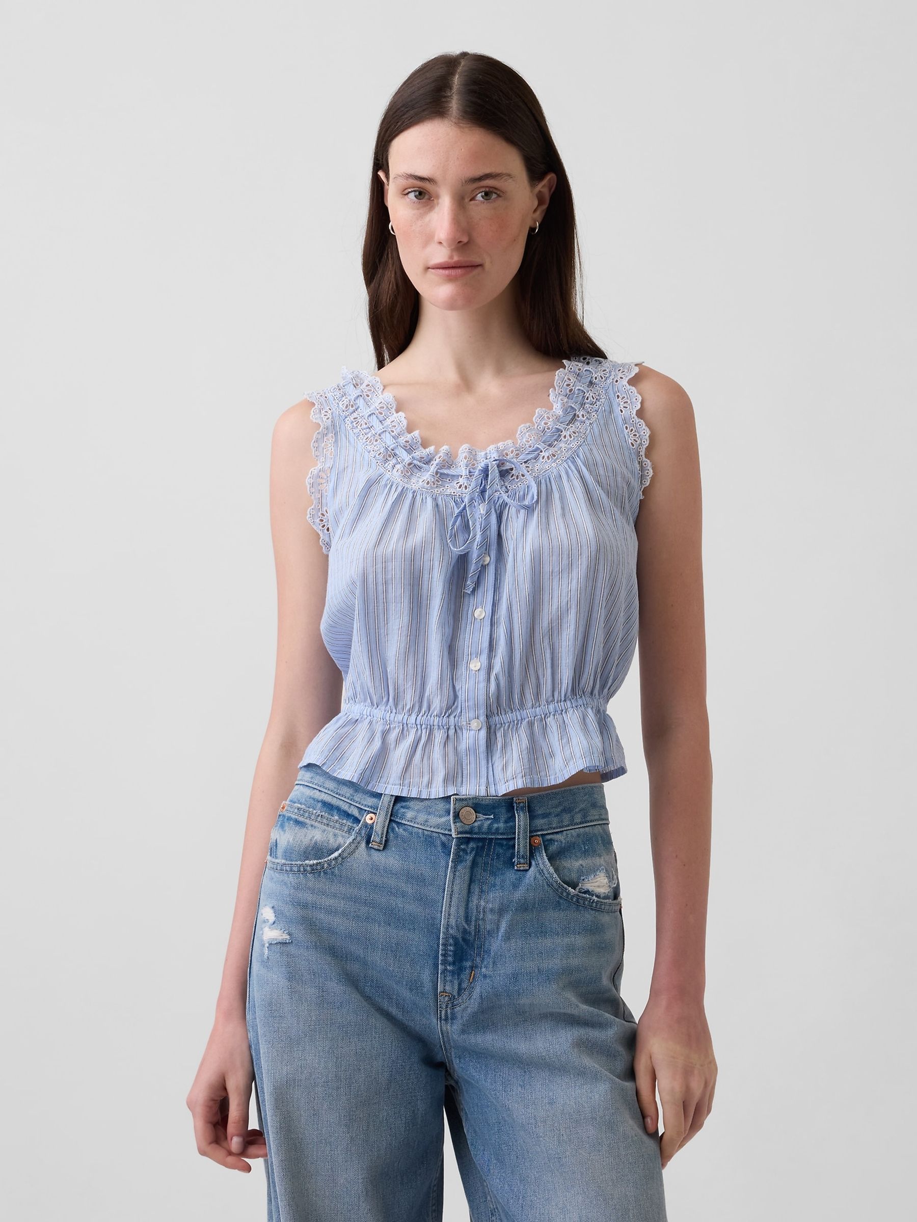 Blue Eyelet Tie-Front Crop Peplum Scoop neck Top - Image 1 of 4