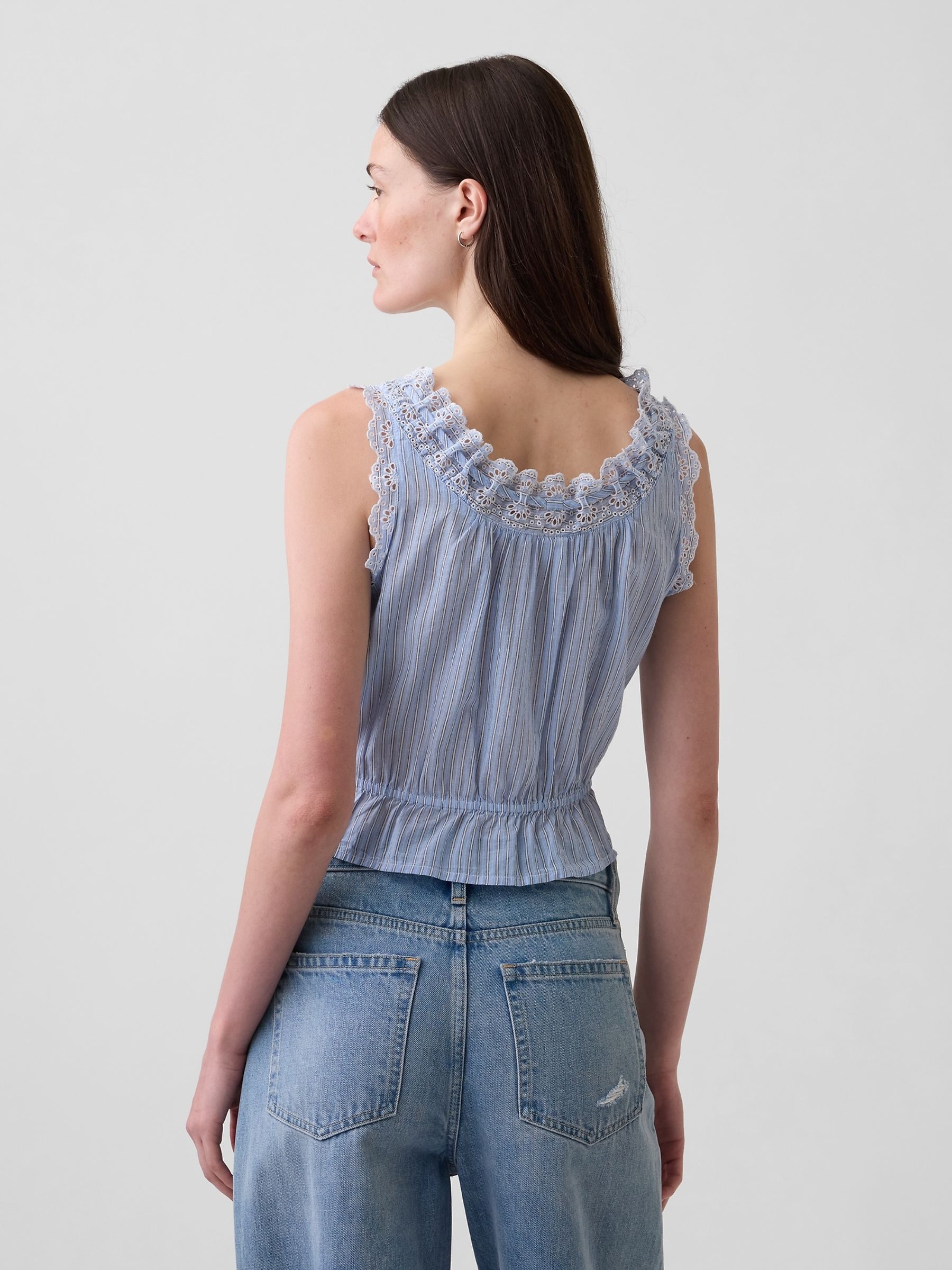 Blue Eyelet Tie-Front Crop Peplum Scoop neck Top - Image 2 of 4
