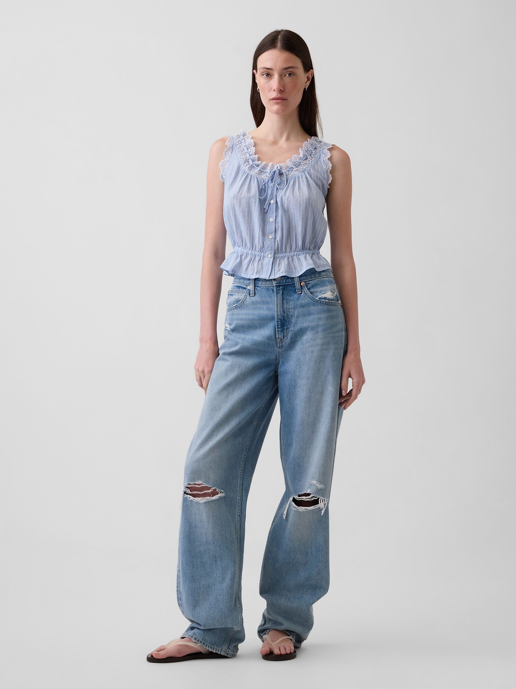 Blue Eyelet Tie-Front Crop Peplum Scoop neck Top - Image 3 of 4