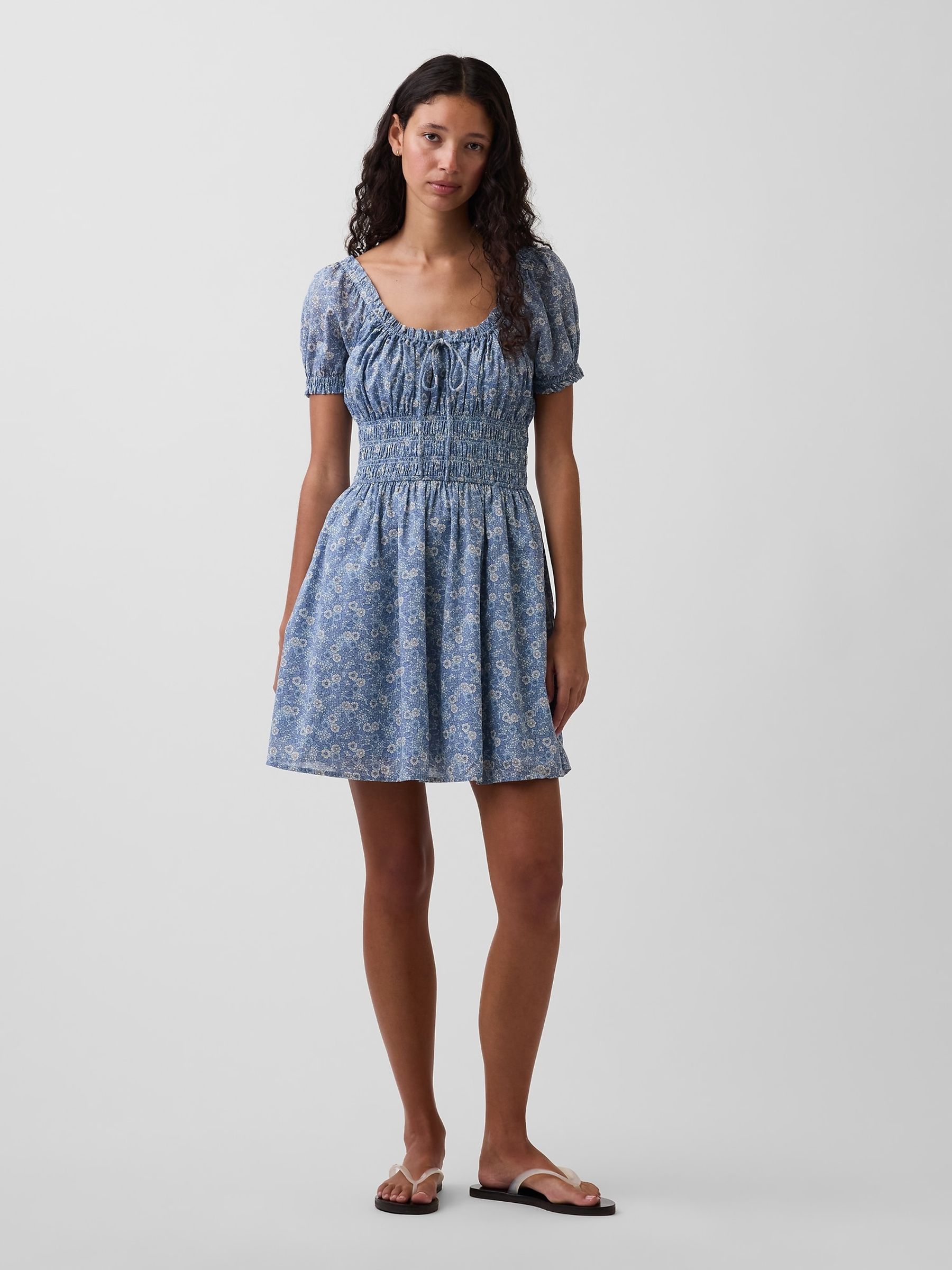 Blue Floral Smocked-Waist Mini Dress - Image 1 of 4