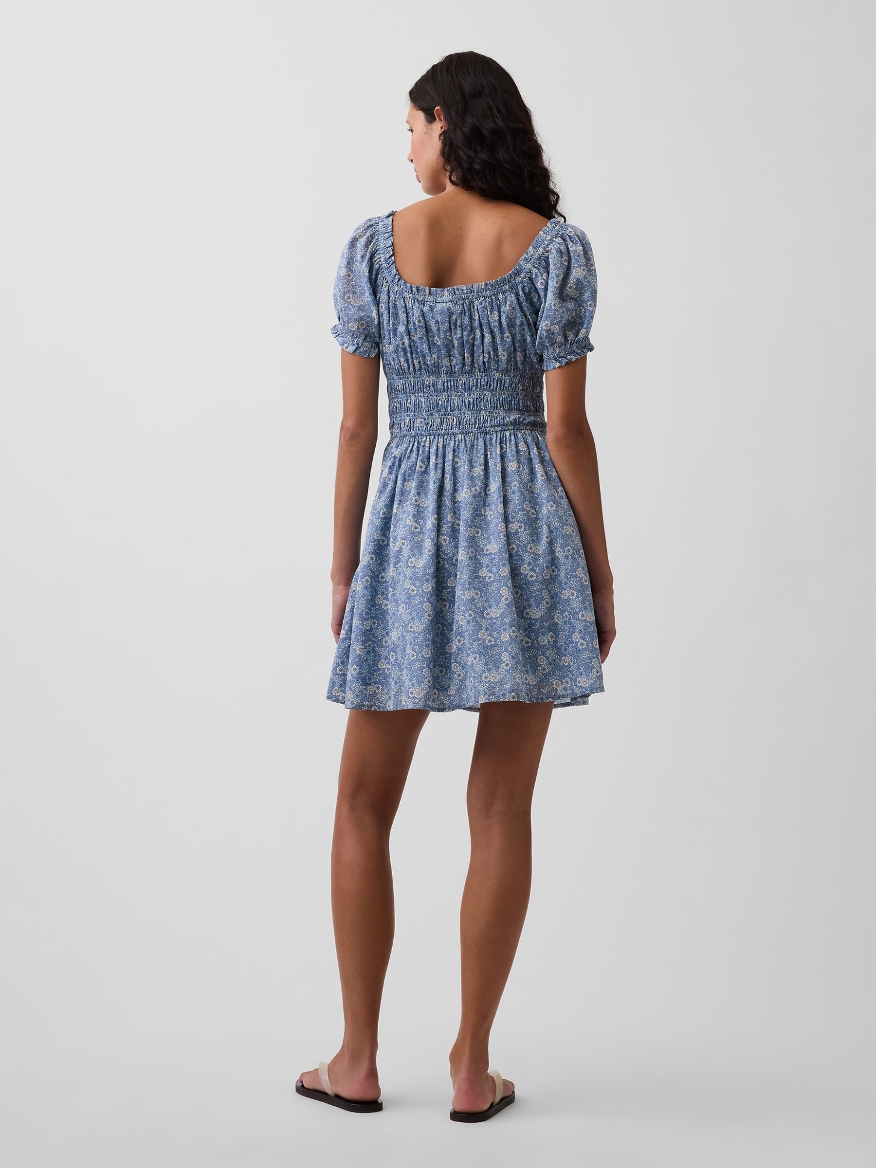 Blue Floral Smocked-Waist Mini Dress - Image 2 of 4