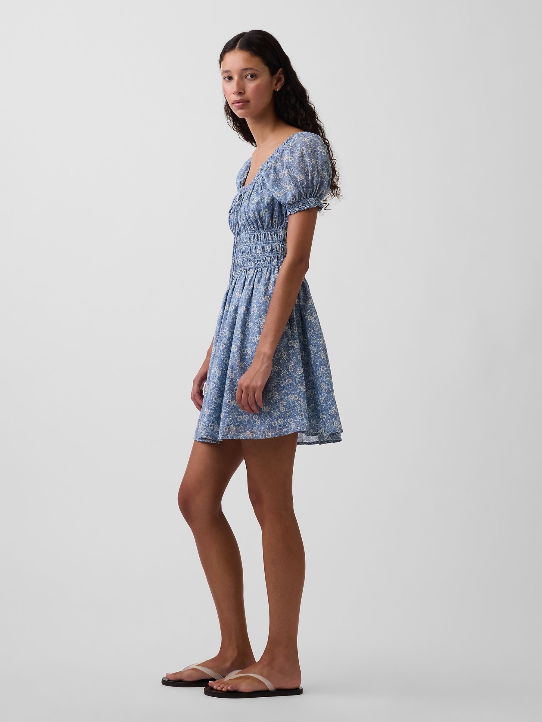 Blue Floral Smocked-Waist Mini Dress - Image 3 of 4