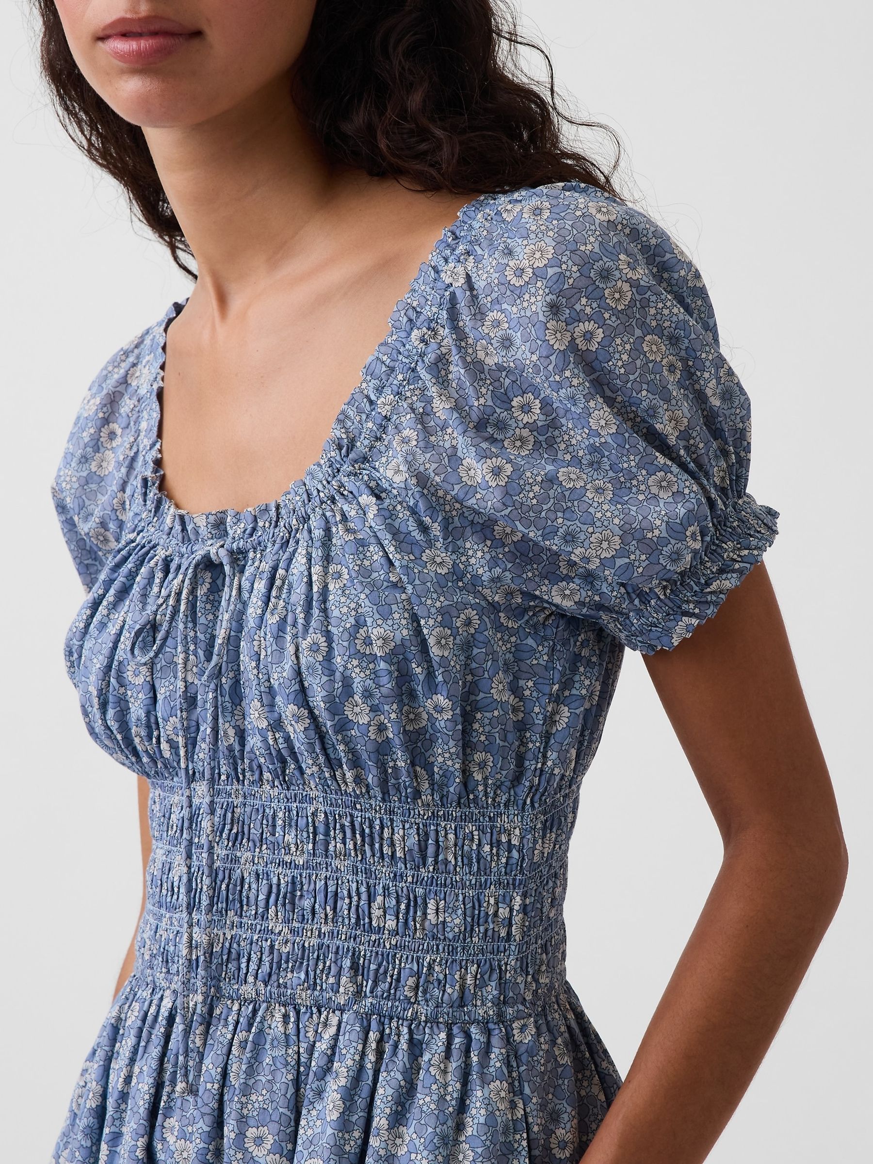 Blue Floral Smocked-Waist Mini Dress - Image 4 of 4