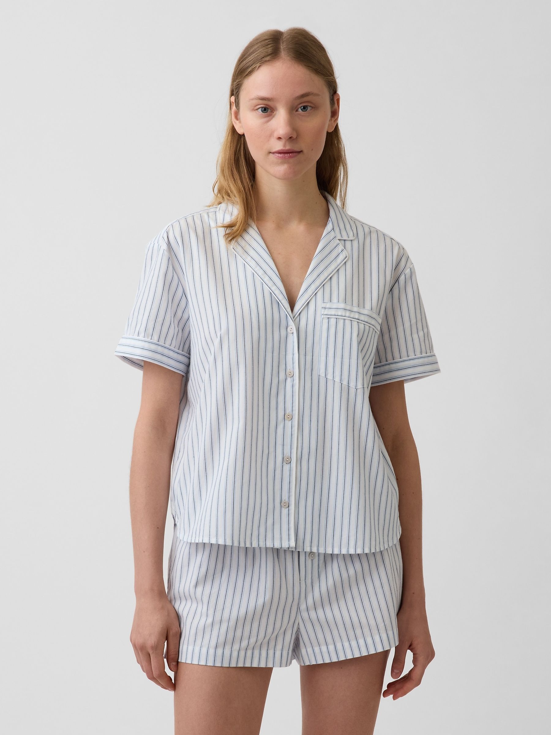 Blue Stripe Poplin Pyjama Short Sleeve Shirt - Image 1 of 3