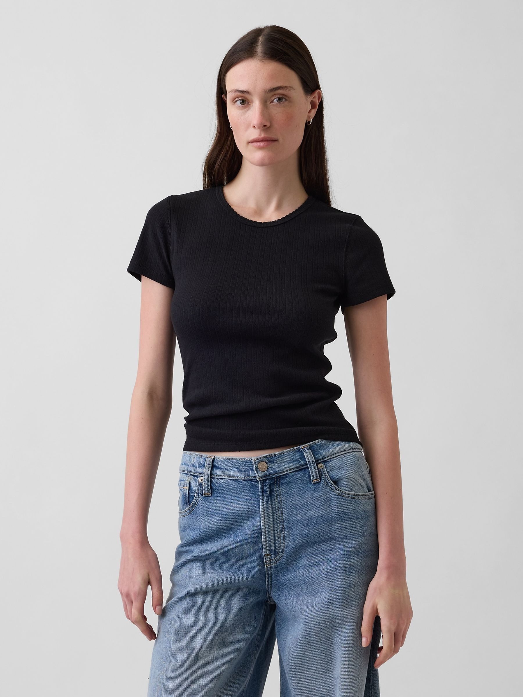 Black Pointelle Crew Neck Short Sleeve T-Shirt - Image 1 of 4