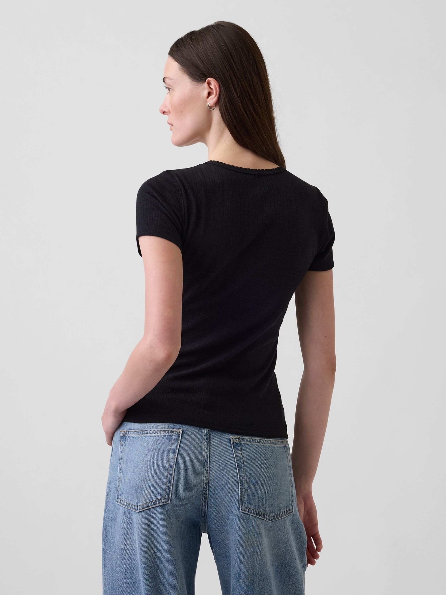 Black Pointelle Crew Neck Short Sleeve T-Shirt - Image 2 of 4