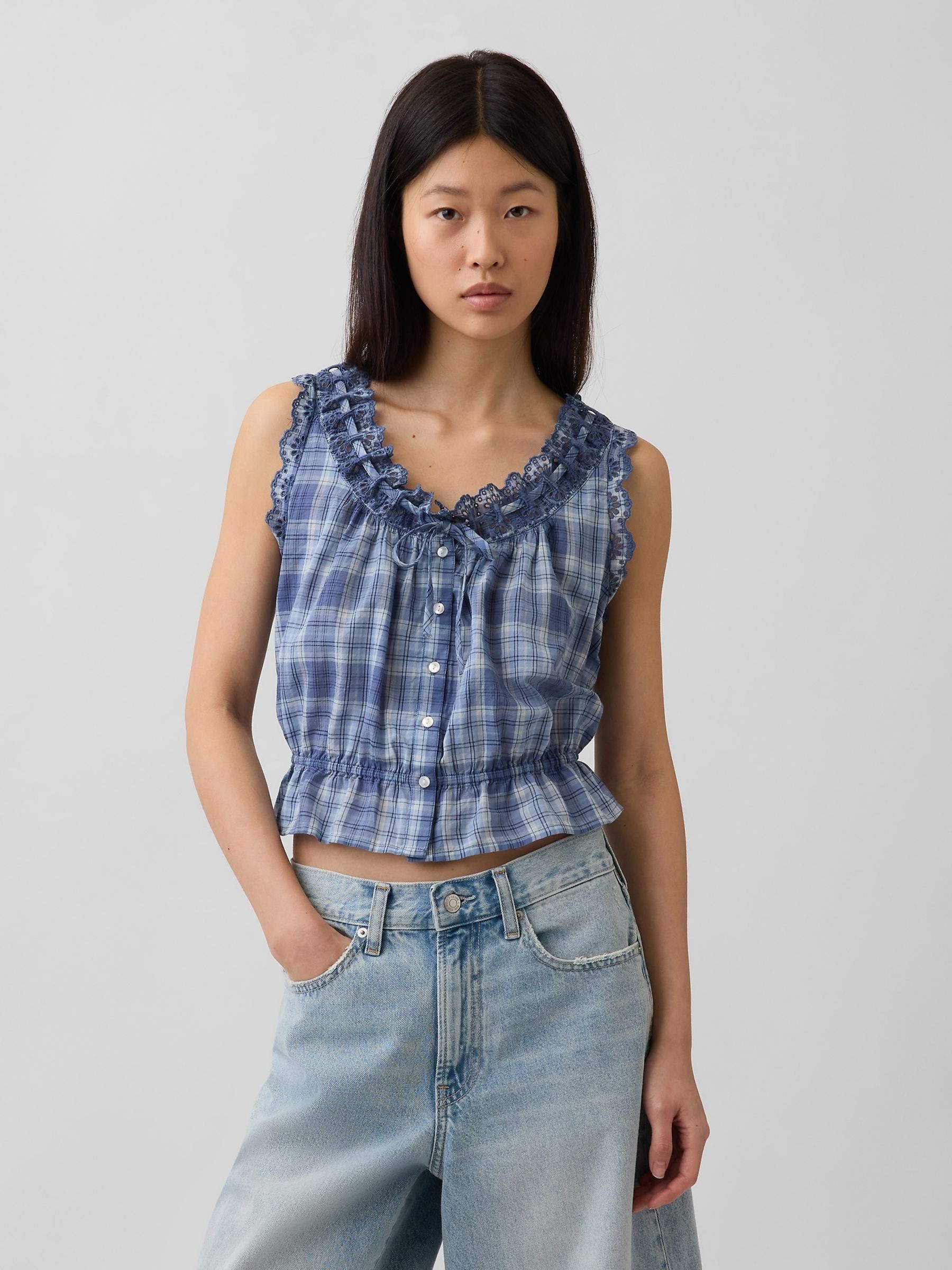 Blue Check Eyelet Tie-Front Crop Peplum Scoop neck Top - Image 1 of 4