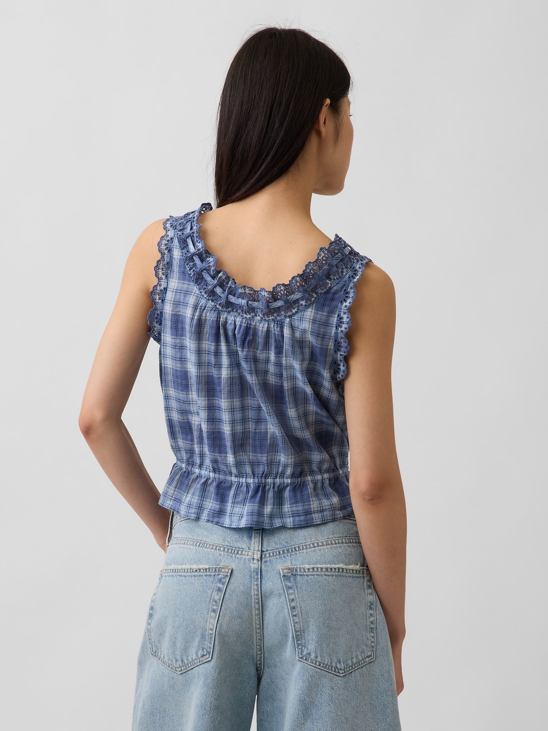 Blue Check Eyelet Tie-Front Crop Peplum Scoop neck Top - Image 2 of 4