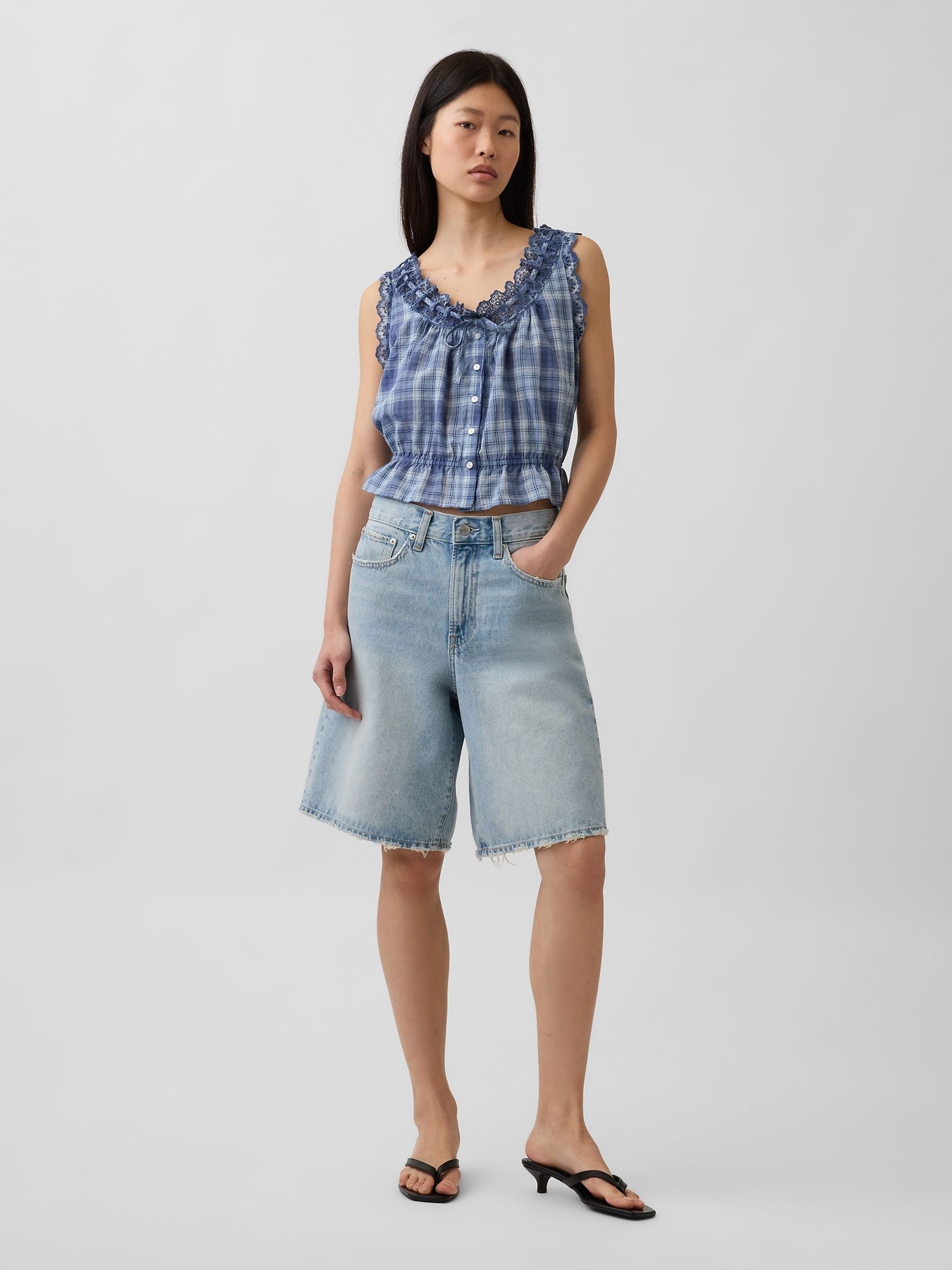 Blue Check Eyelet Tie-Front Crop Peplum Scoop neck Top - Image 3 of 4