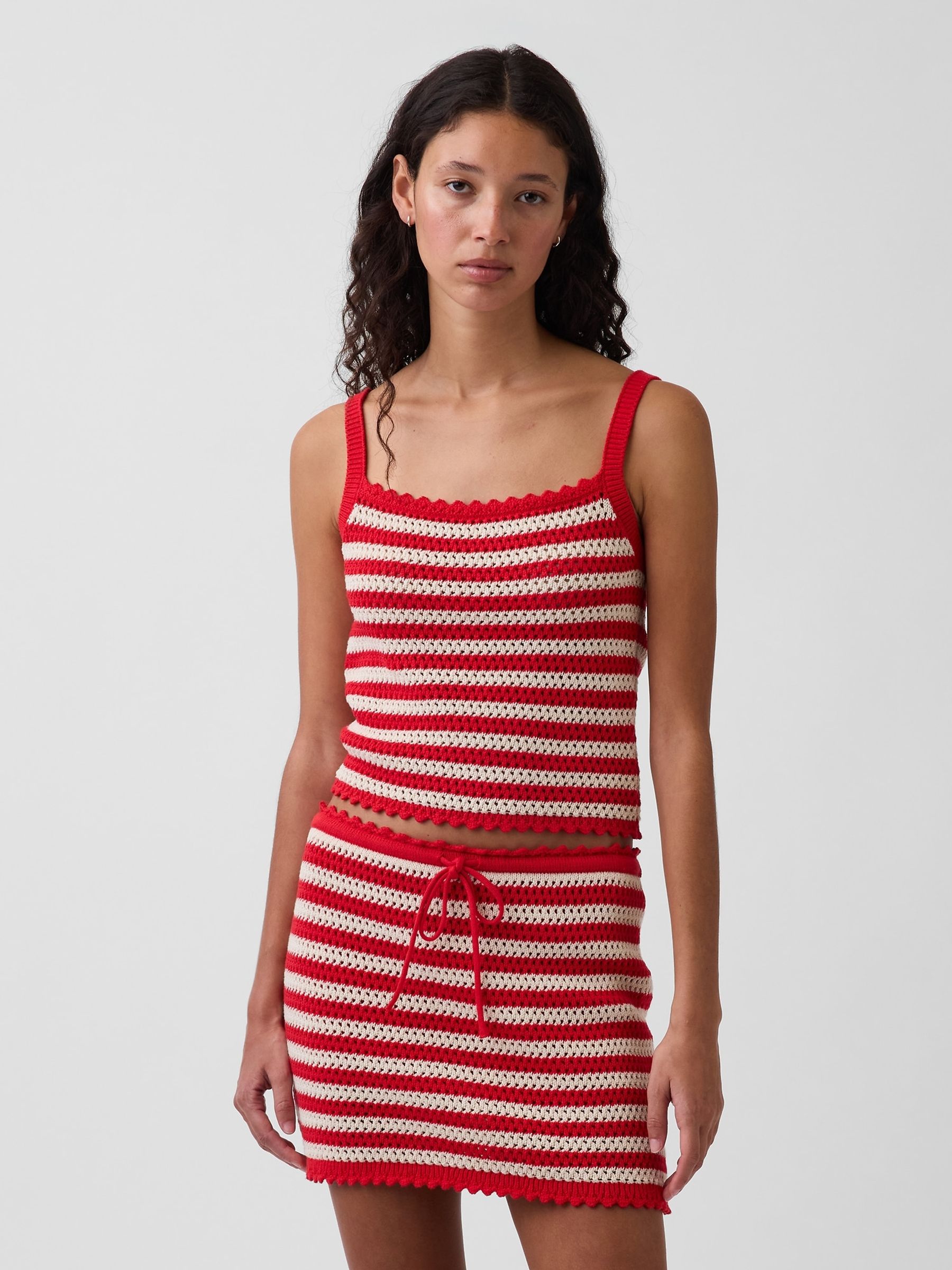 Red/White Stripe Crochet Crop Knit Tank Top - Image 1 of 4