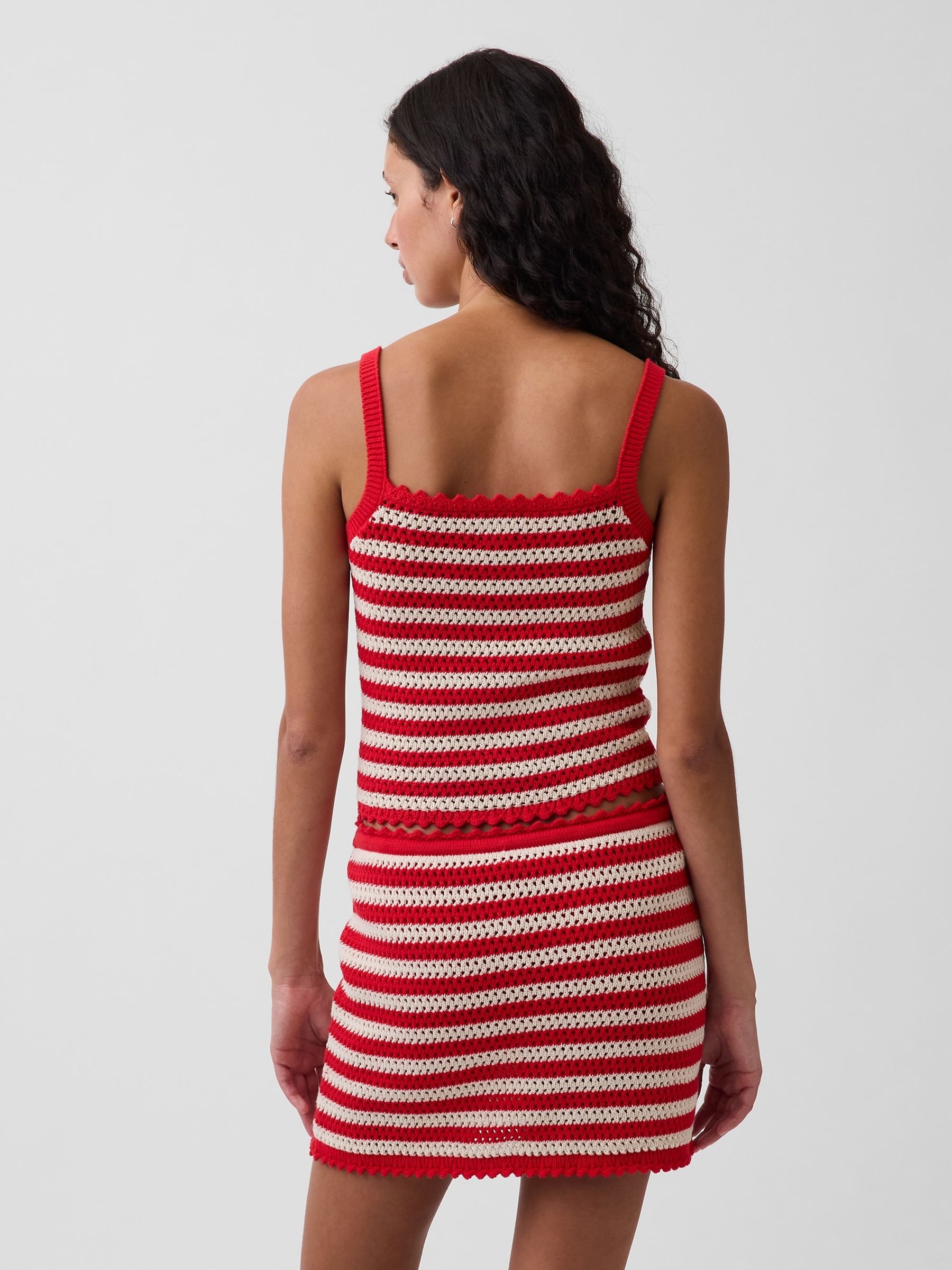 Red/White Stripe Crochet Crop Knit Tank Top - Image 2 of 4