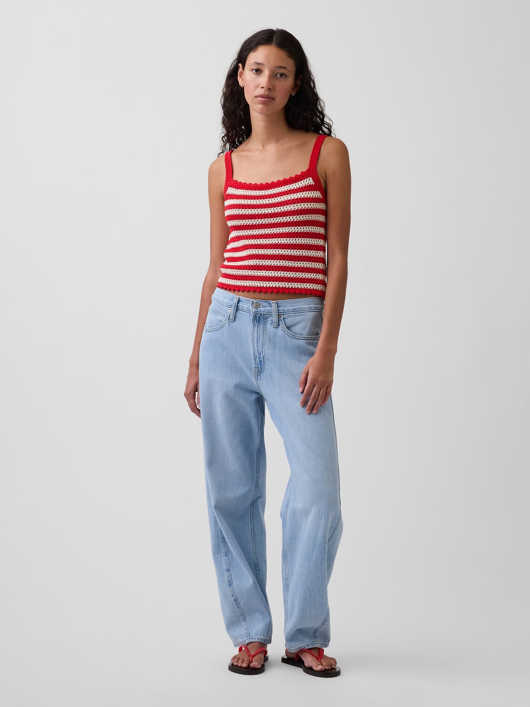 Red/White Stripe Crochet Crop Knit Tank Top - Image 3 of 4