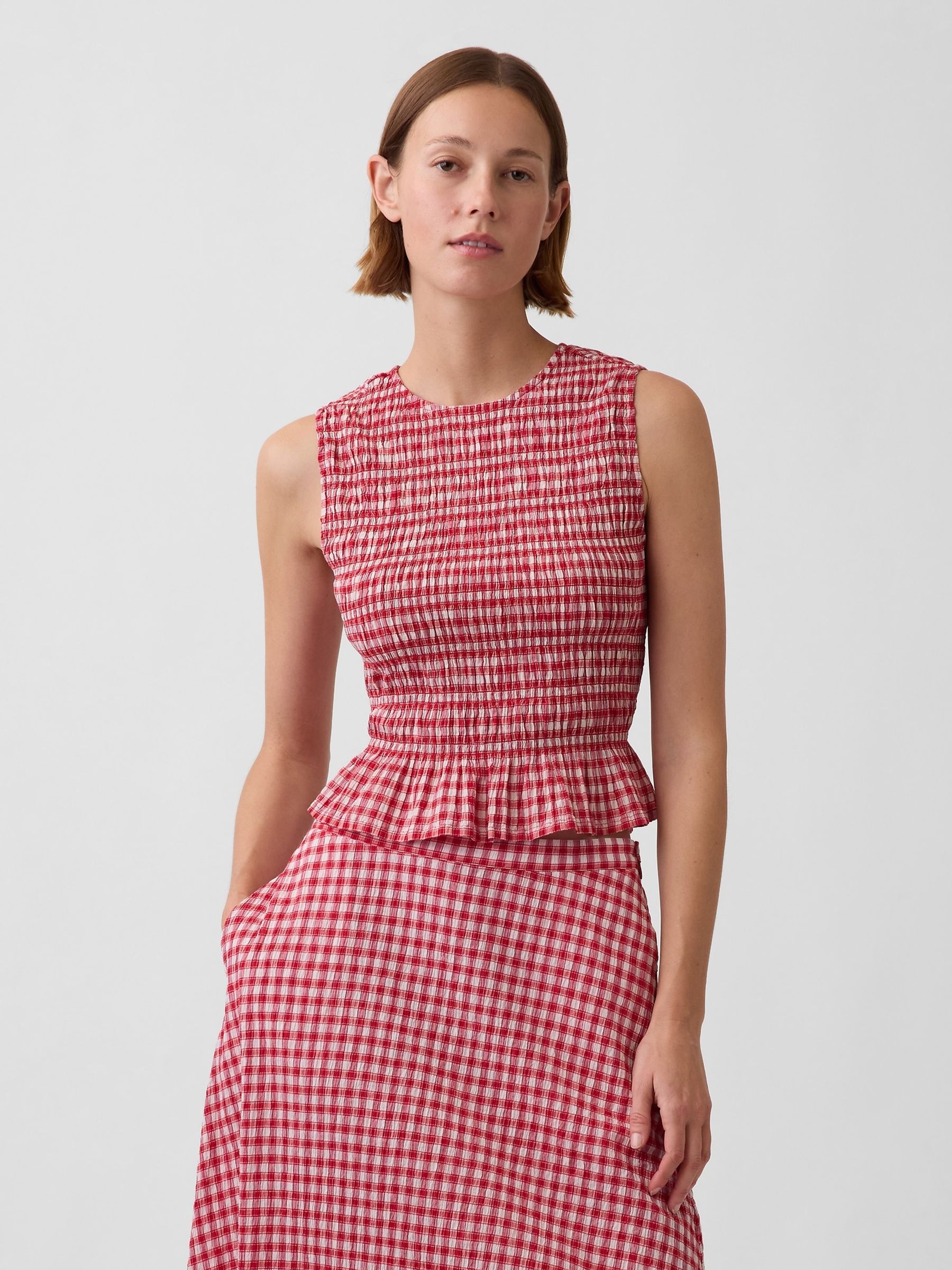Red Smocked Gingham Crop Peplum Top - Image 1 of 4