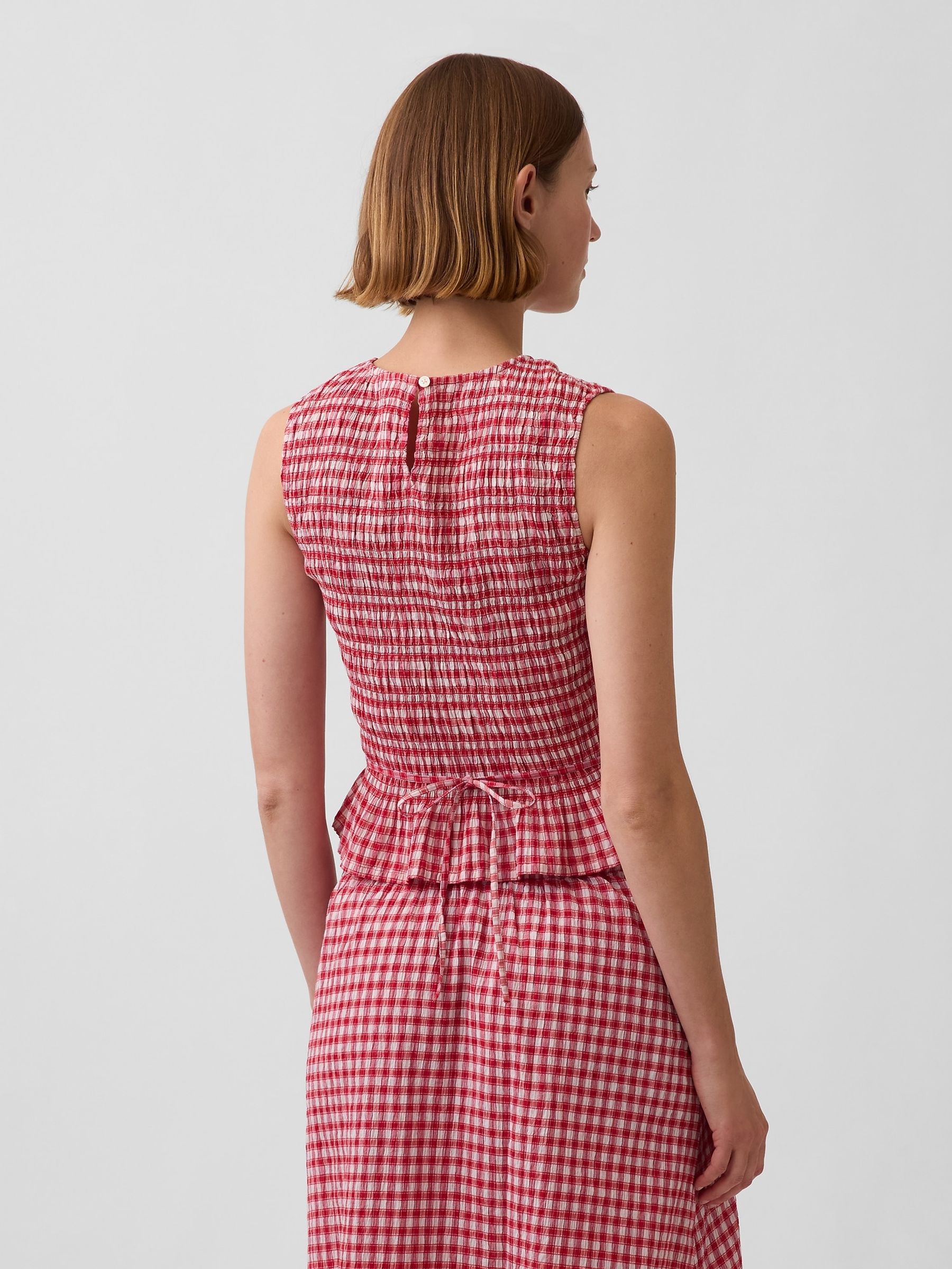 Red Smocked Gingham Crop Peplum Top - Image 2 of 4