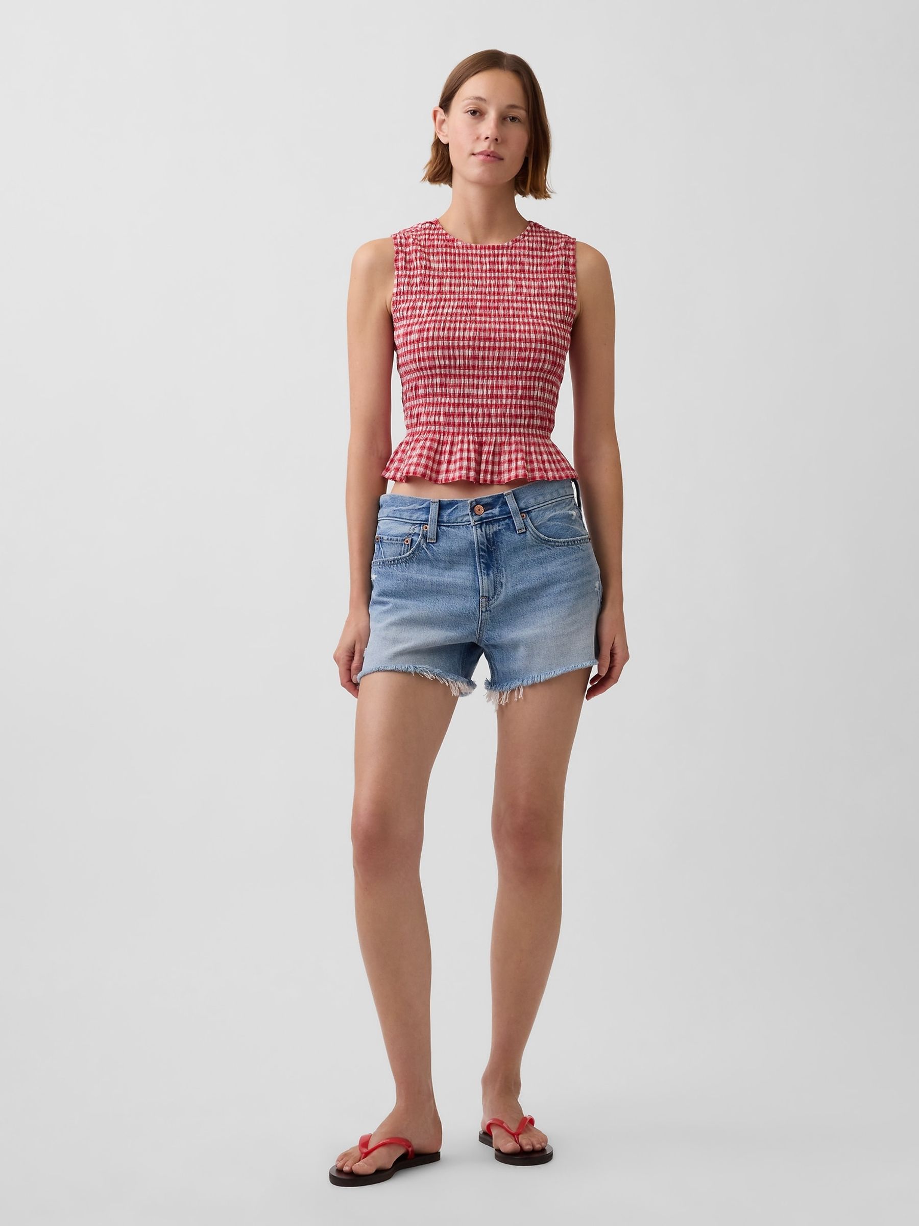 Red Smocked Gingham Crop Peplum Top - Image 3 of 4