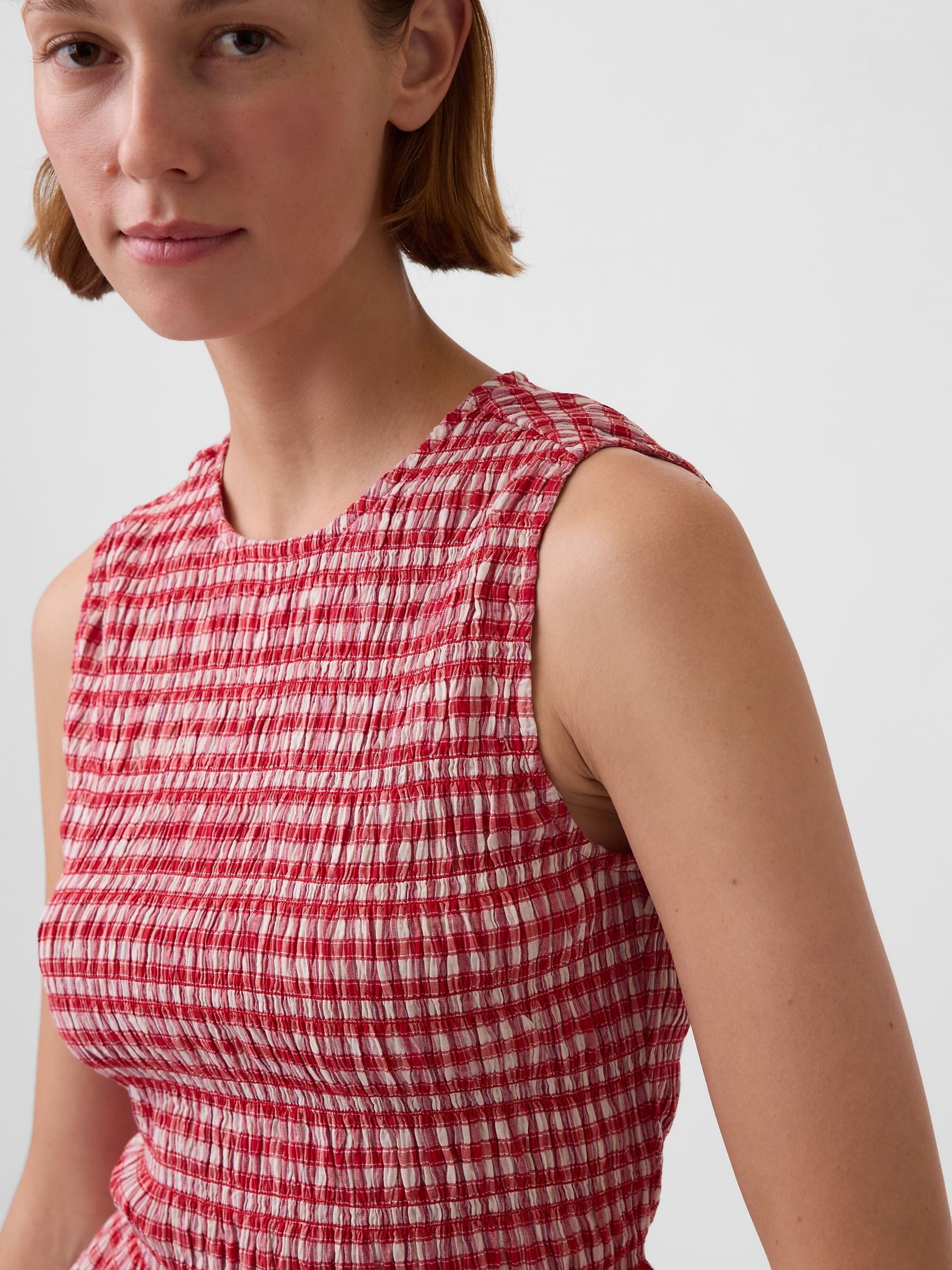 Red Smocked Gingham Crop Peplum Top - Image 4 of 4