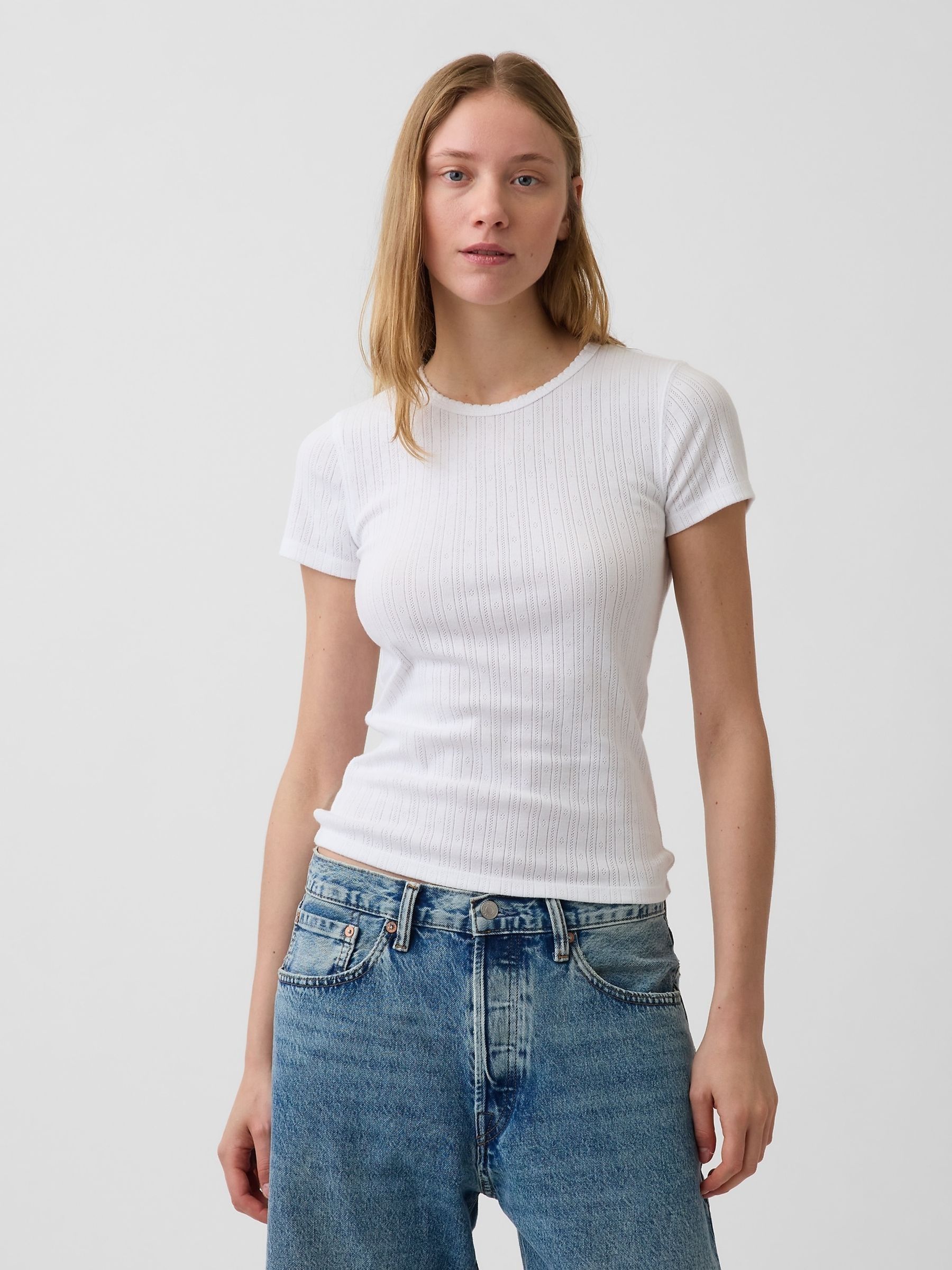 White Pointelle Crew Neck Short Sleeve T-Shirt - Image 1 of 4