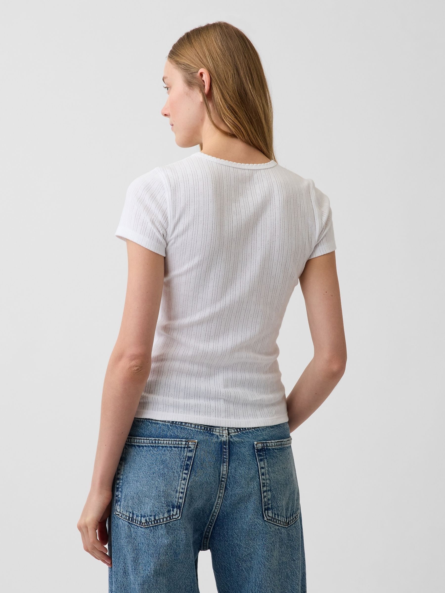 White Pointelle Crew Neck Short Sleeve T-Shirt - Image 2 of 4