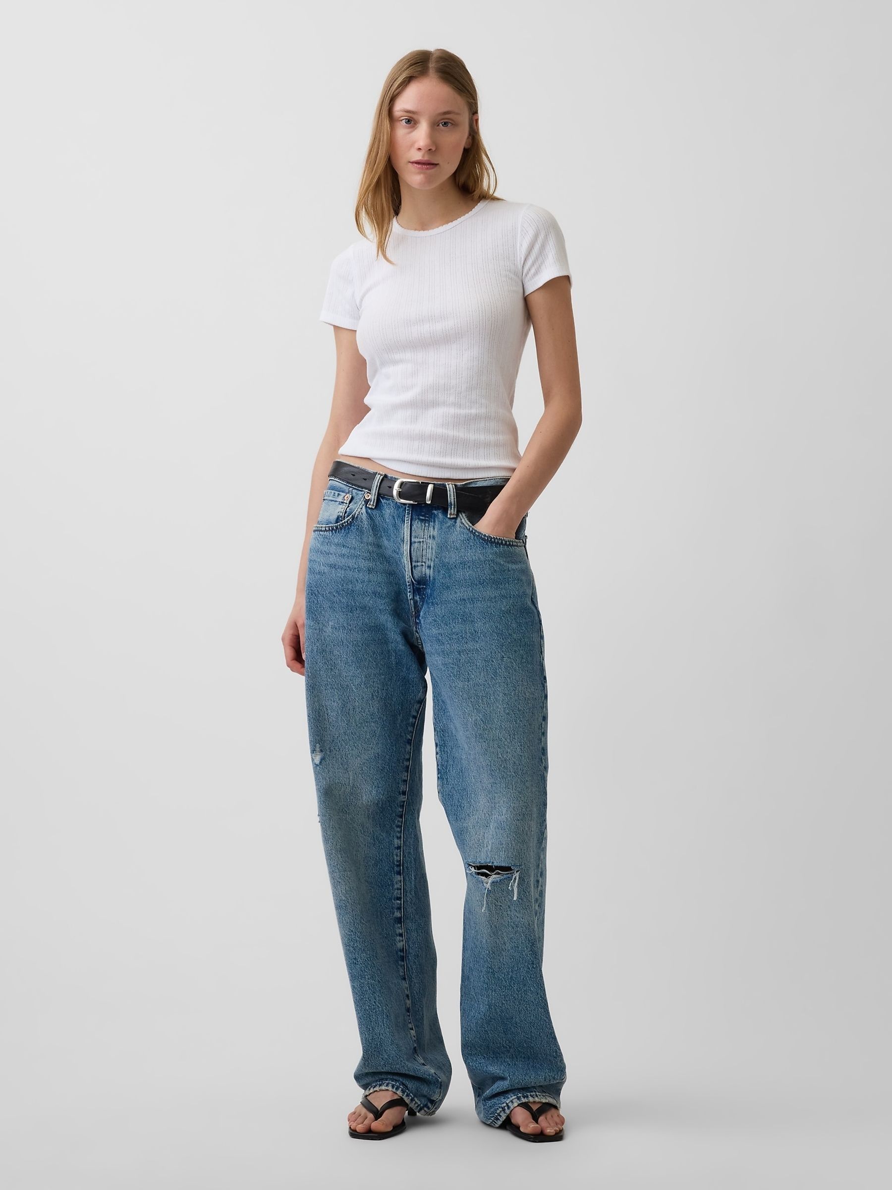 White Pointelle Crew Neck Short Sleeve T-Shirt - Image 3 of 4