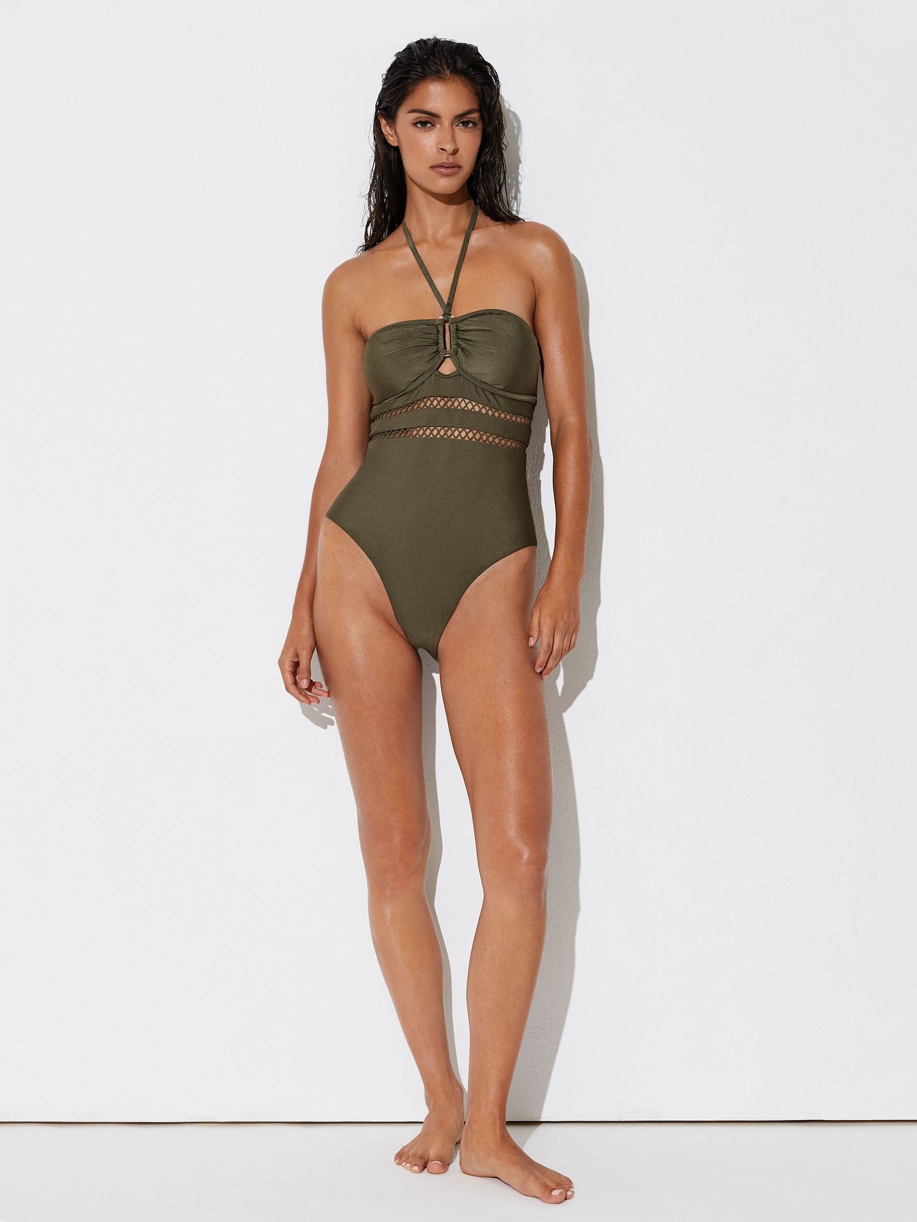 Reiss Libby Shimmer Lattice-Trim Bandeau Swimsuit - صورة 3 من 7