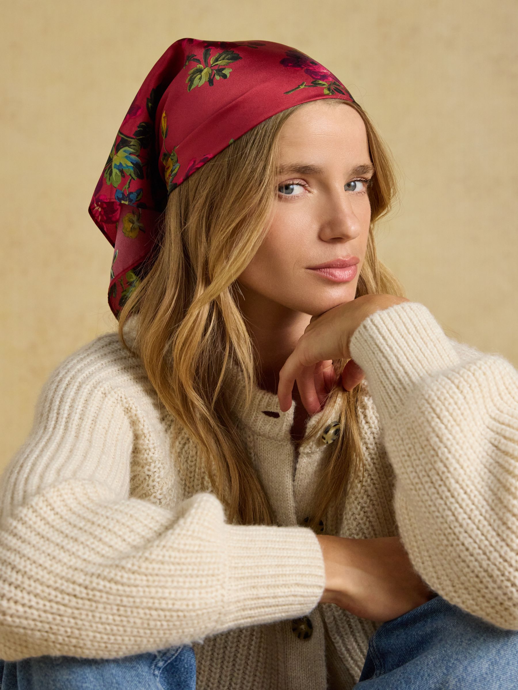 Elsie Red Floral 100% Silk Square Scarf - Image 2 of 8