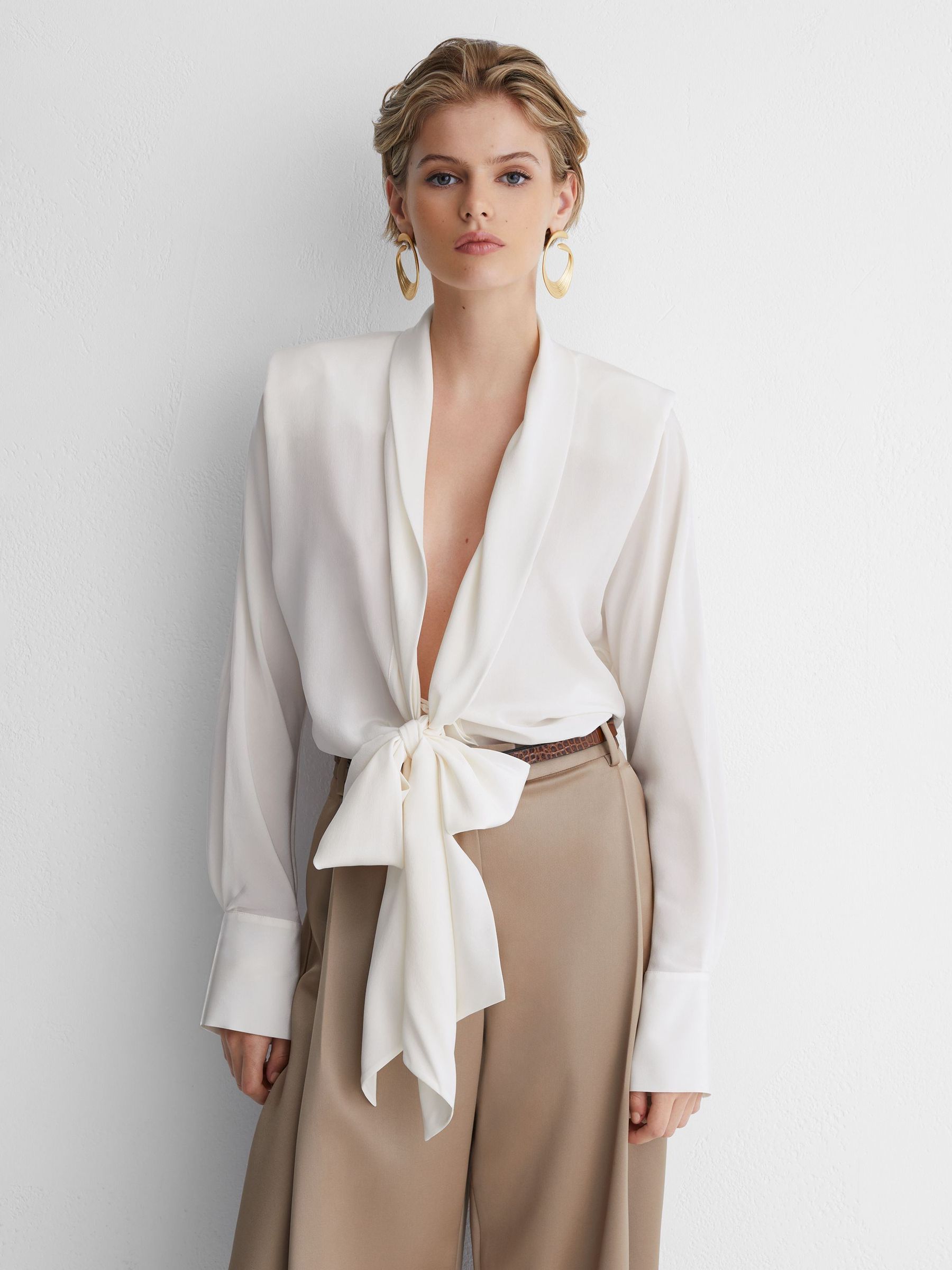 Atelier Silk Crepe de Chine Tie-Front Shirt in Ivory - Image 4 of 8