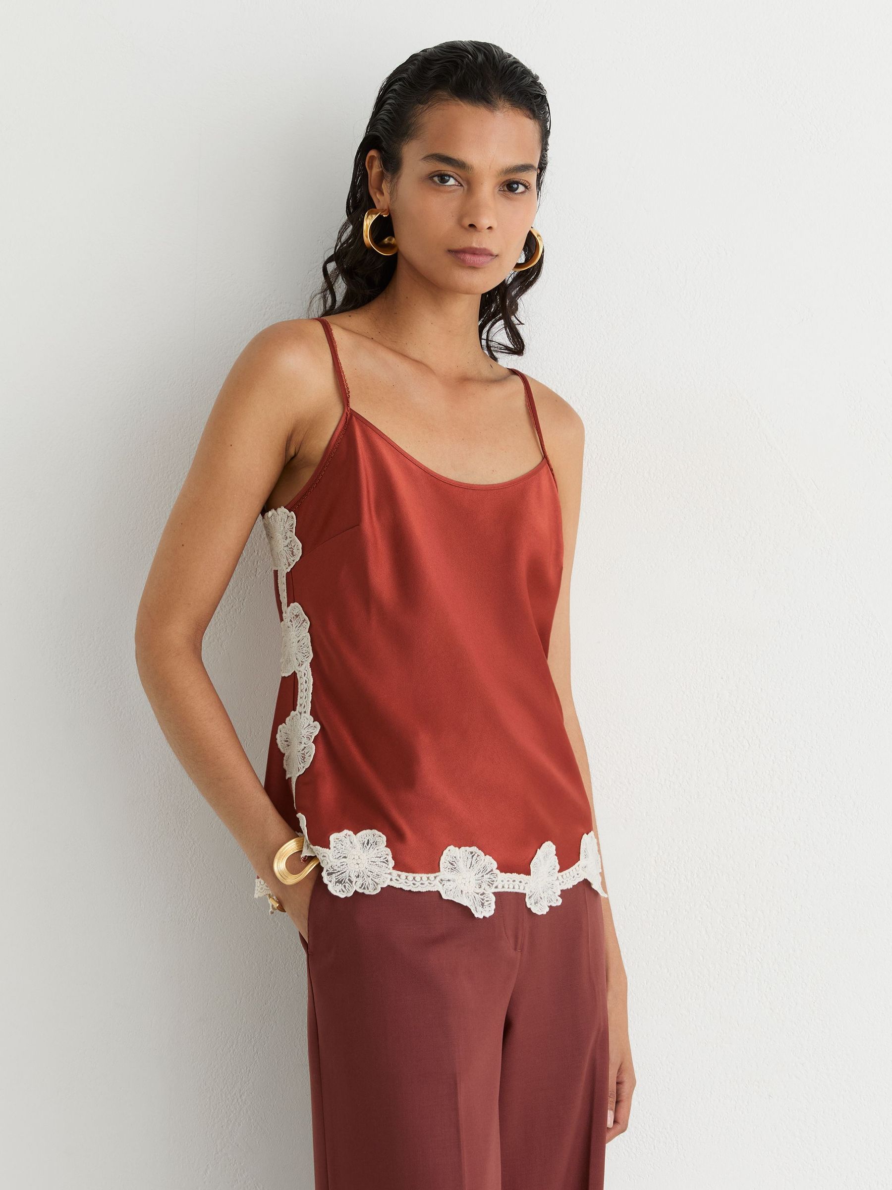 Satin Floral-Lace Trim Cami Top in Rust Orange - Image 1 of 8