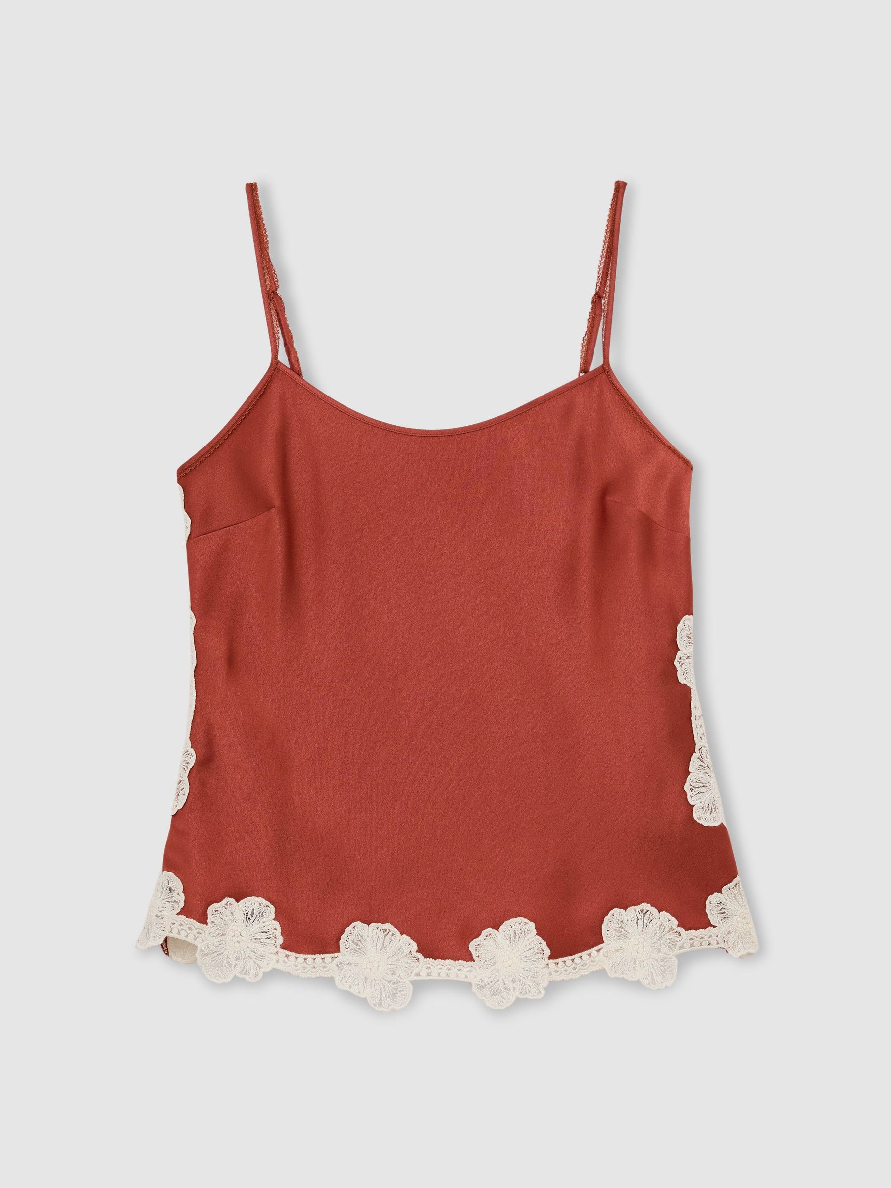 Satin Floral-Lace Trim Cami Top in Rust Orange - Image 2 of 8 Satin Floral-Lace Trim Cami Top in Rust Orange - Image 2 of 8