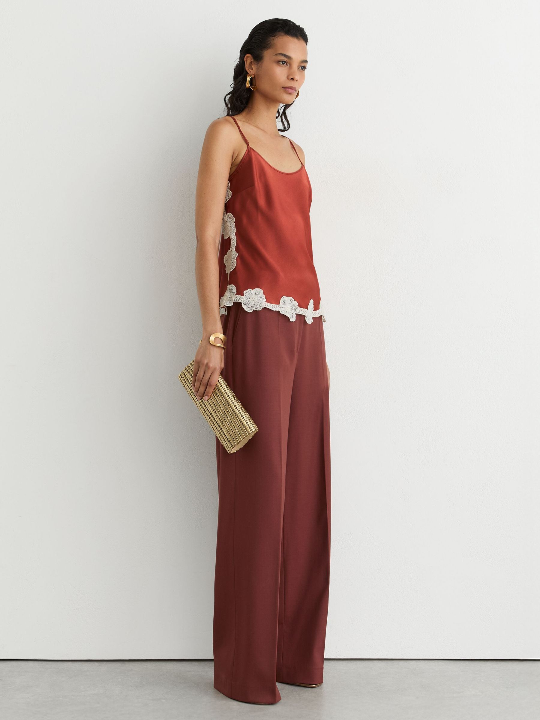 Satin Floral-Lace Trim Cami Top in Rust Orange - Image 4 of 8