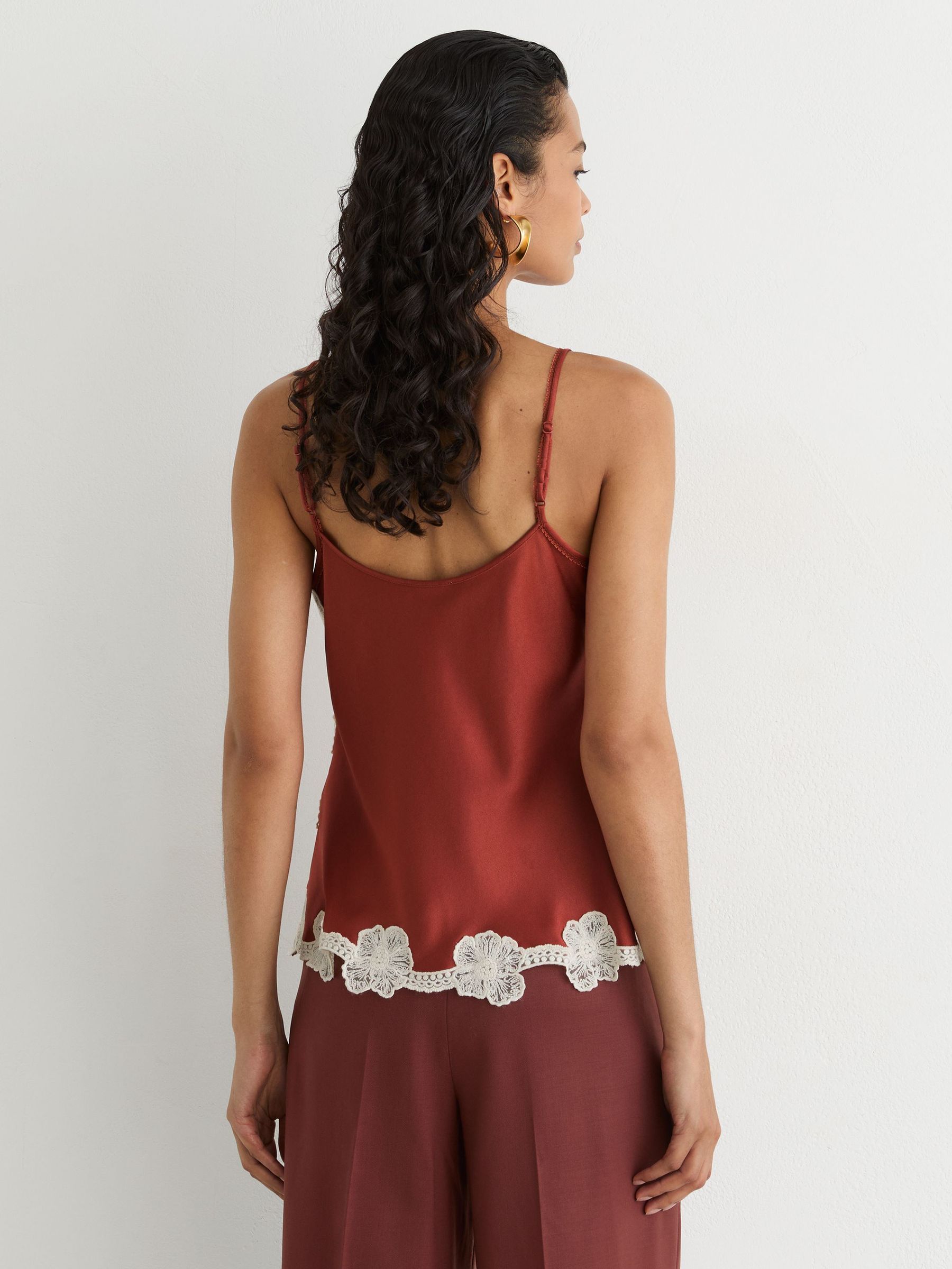 Satin Floral-Lace Trim Cami Top in Rust Orange - Image 5 of 8