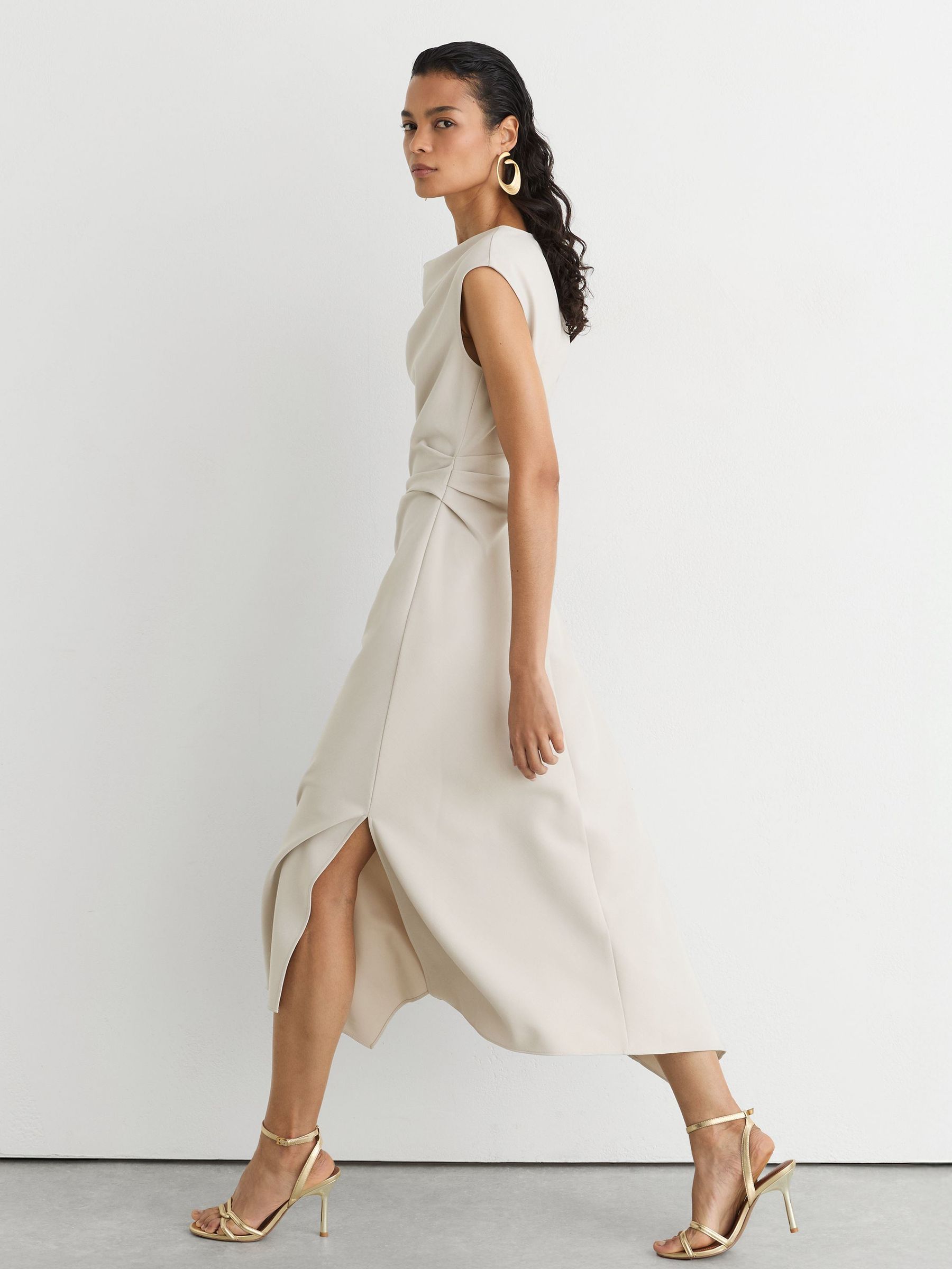 Gathered-Detail Draped Midi Dress in Stone Neutral - Image 1 of 7