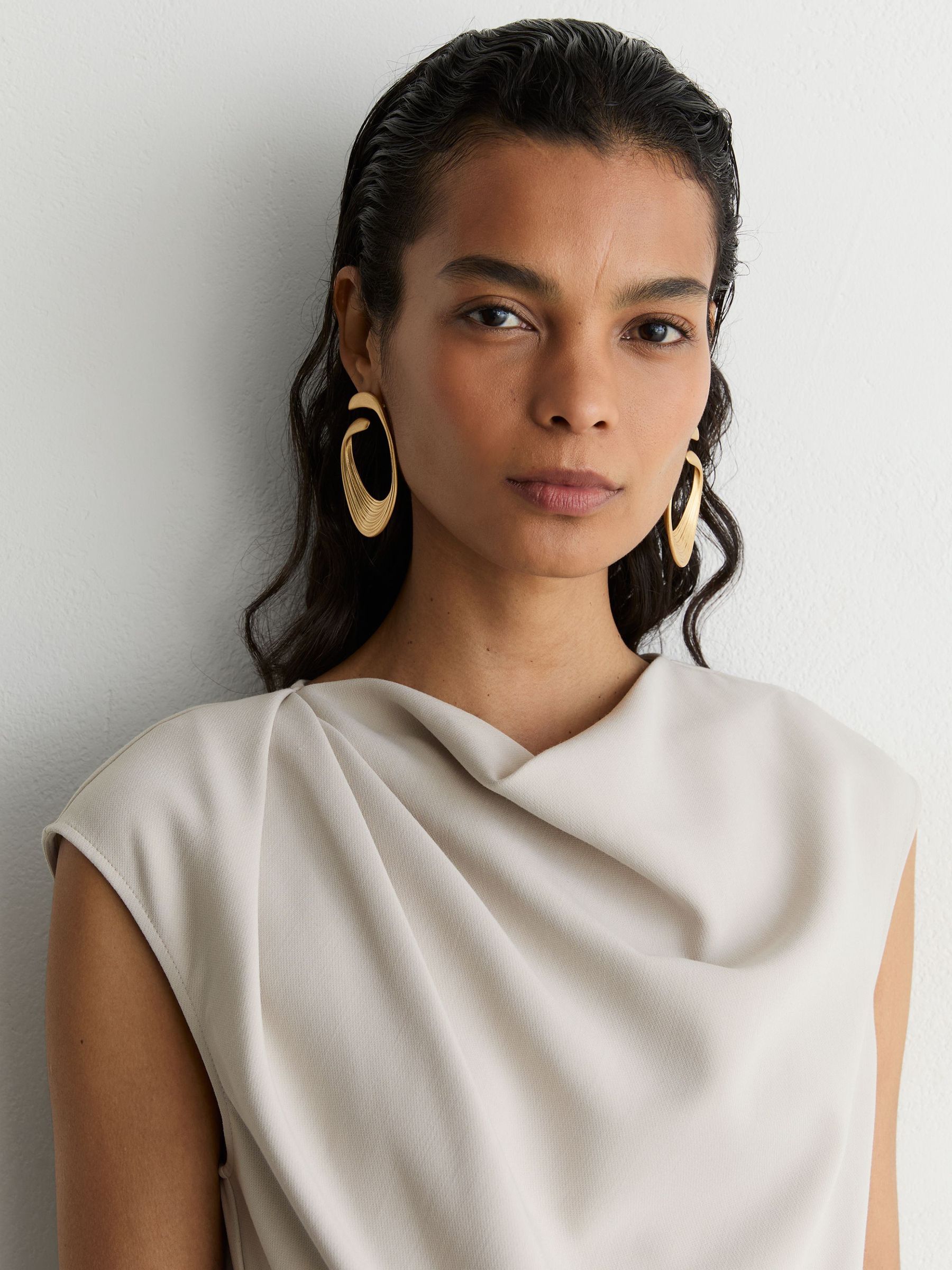 Gathered-Detail Draped Midi Dress in Stone Neutral - Image 3 of 7