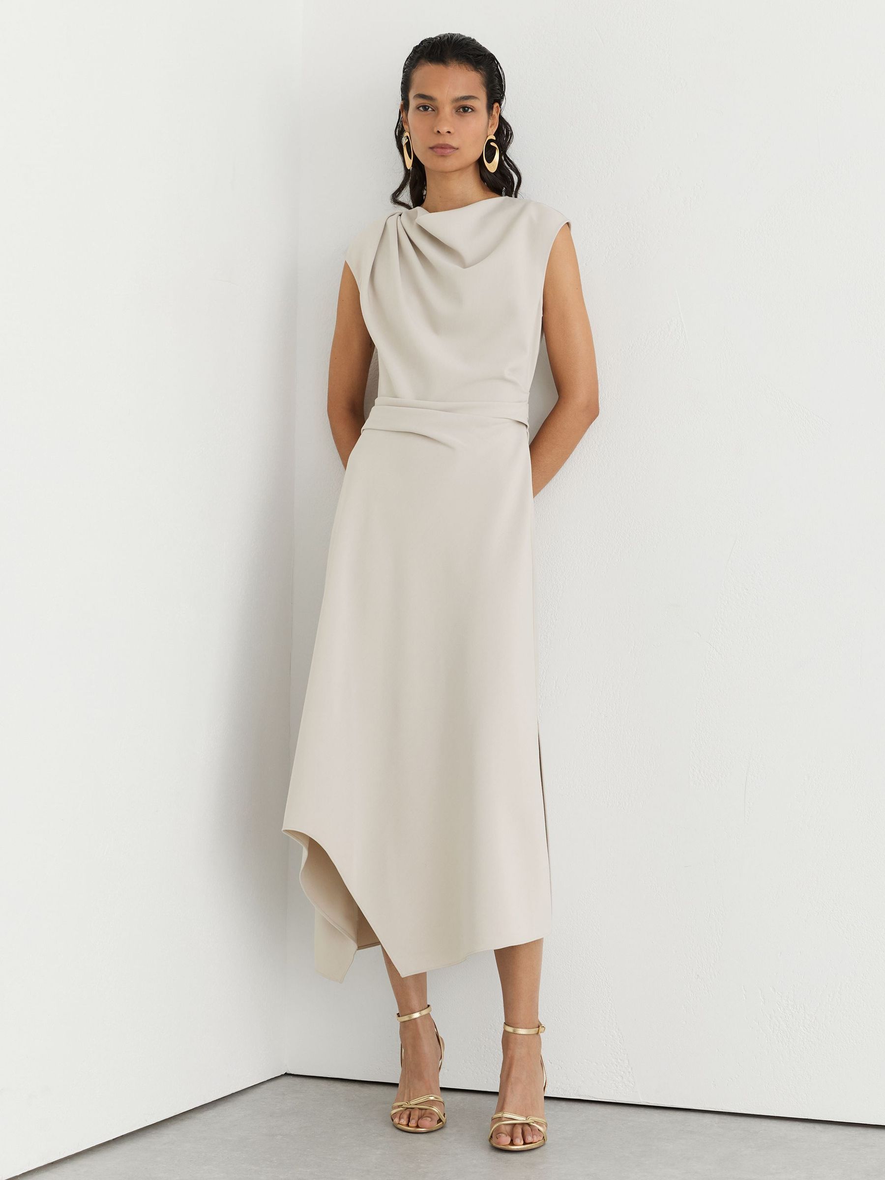 Gathered-Detail Draped Midi Dress in Stone Neutral - Image 4 of 7