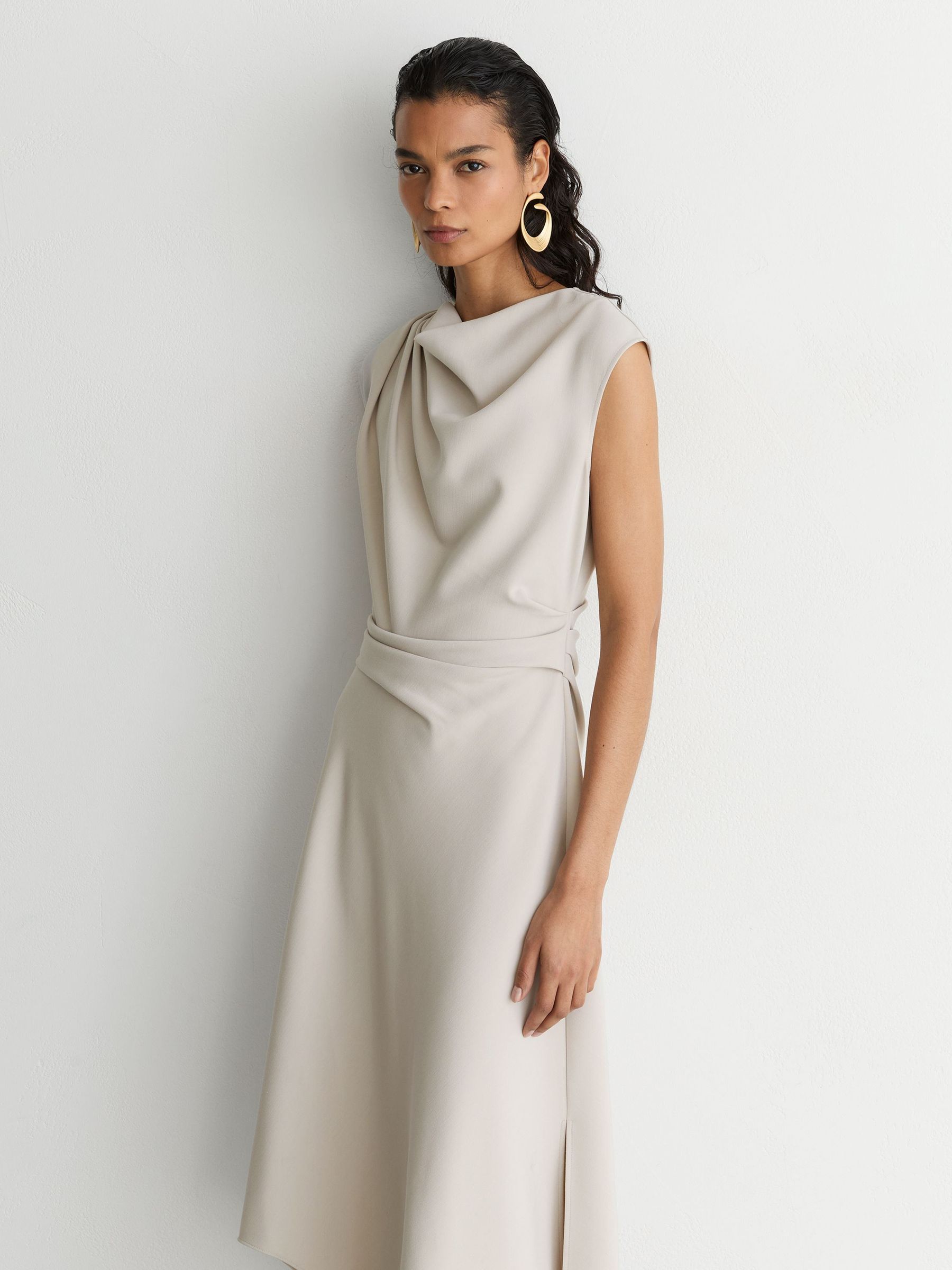 Gathered-Detail Draped Midi Dress in Stone Neutral - Image 5 of 7