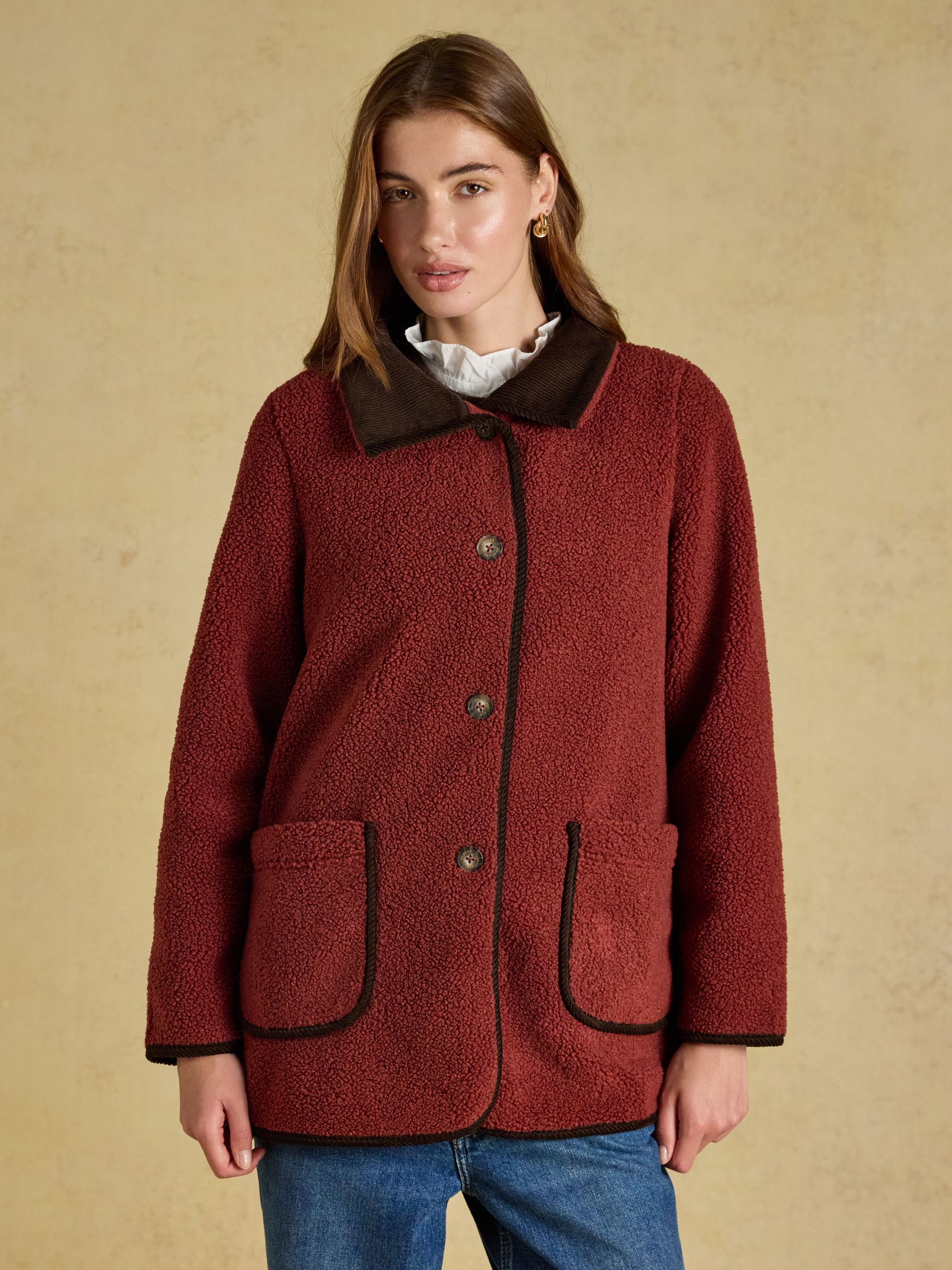 Sadie Burnt Orange Longline Button Through Fleece Jacket - Image 1 of 8