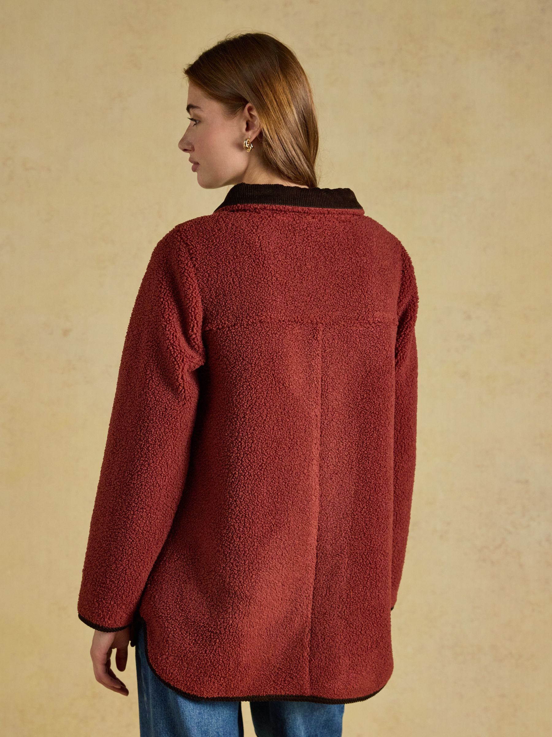 Sadie Burnt Orange Longline Button Through Fleece Jacket - Image 2 of 8