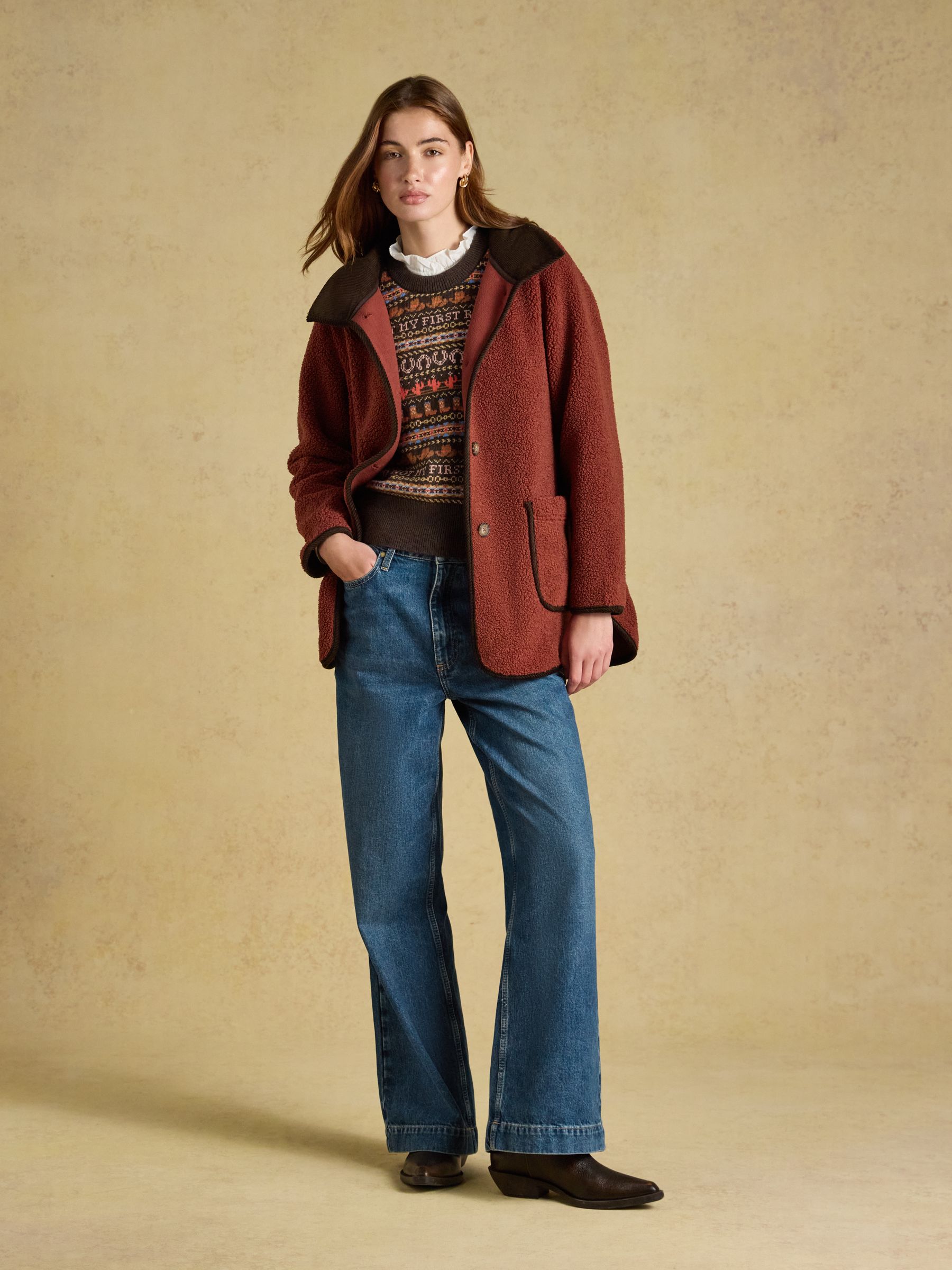 Sadie Burnt Orange Longline Button Through Fleece Jacket - Image 3 of 8