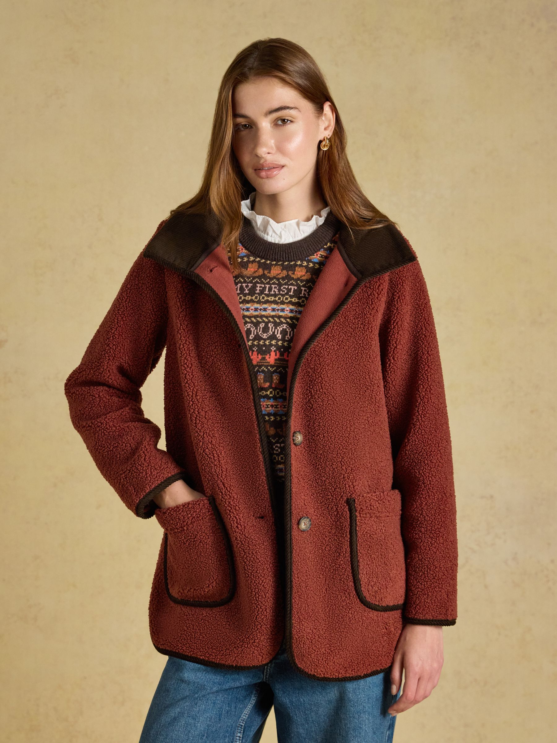 Sadie Burnt Orange Longline Button Through Fleece Jacket - Image 5 of 8