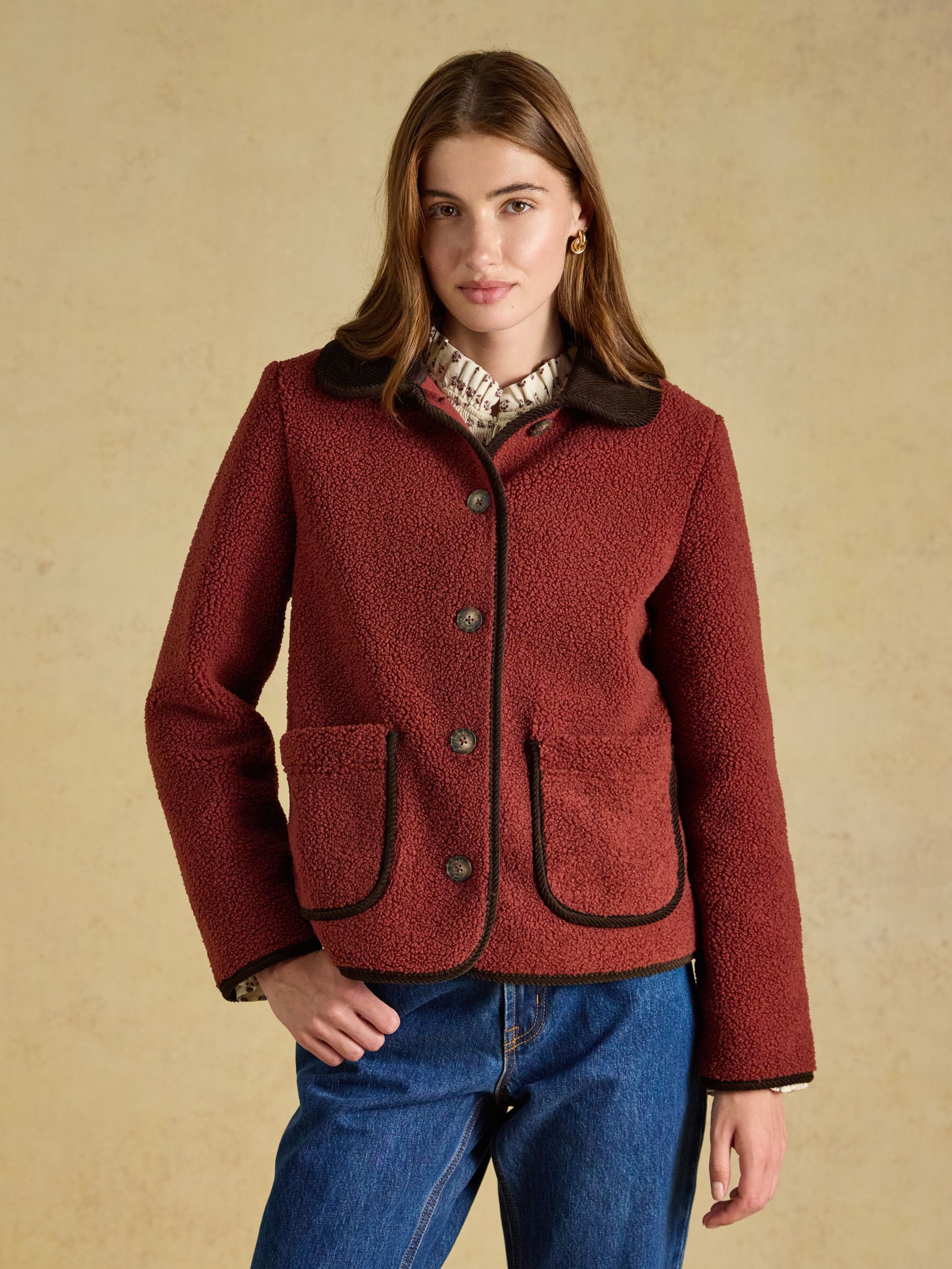 Sadie Burnt Orange Button Through Fleece Jacket - Image 1 of 8