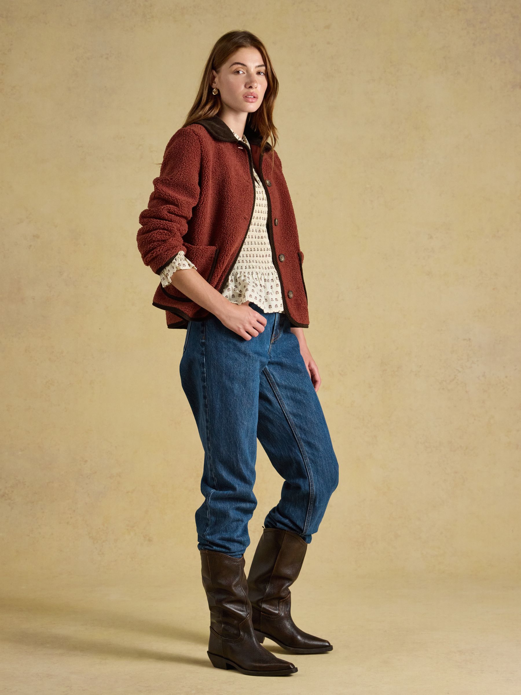 Sadie Burnt Orange Button Through Fleece Jacket - Image 3 of 8
