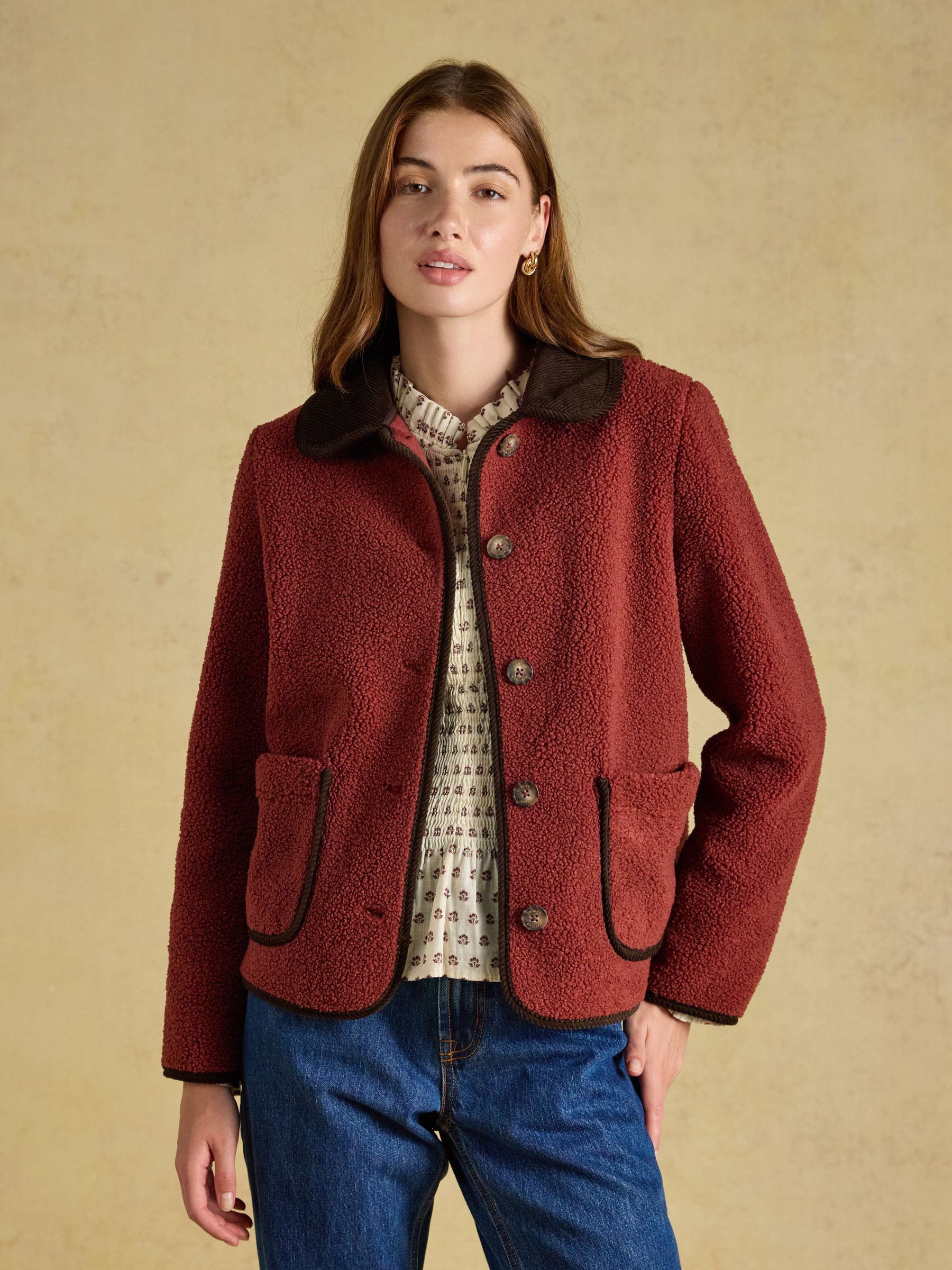 Sadie Burnt Orange Button Through Fleece Jacket - Image 4 of 8