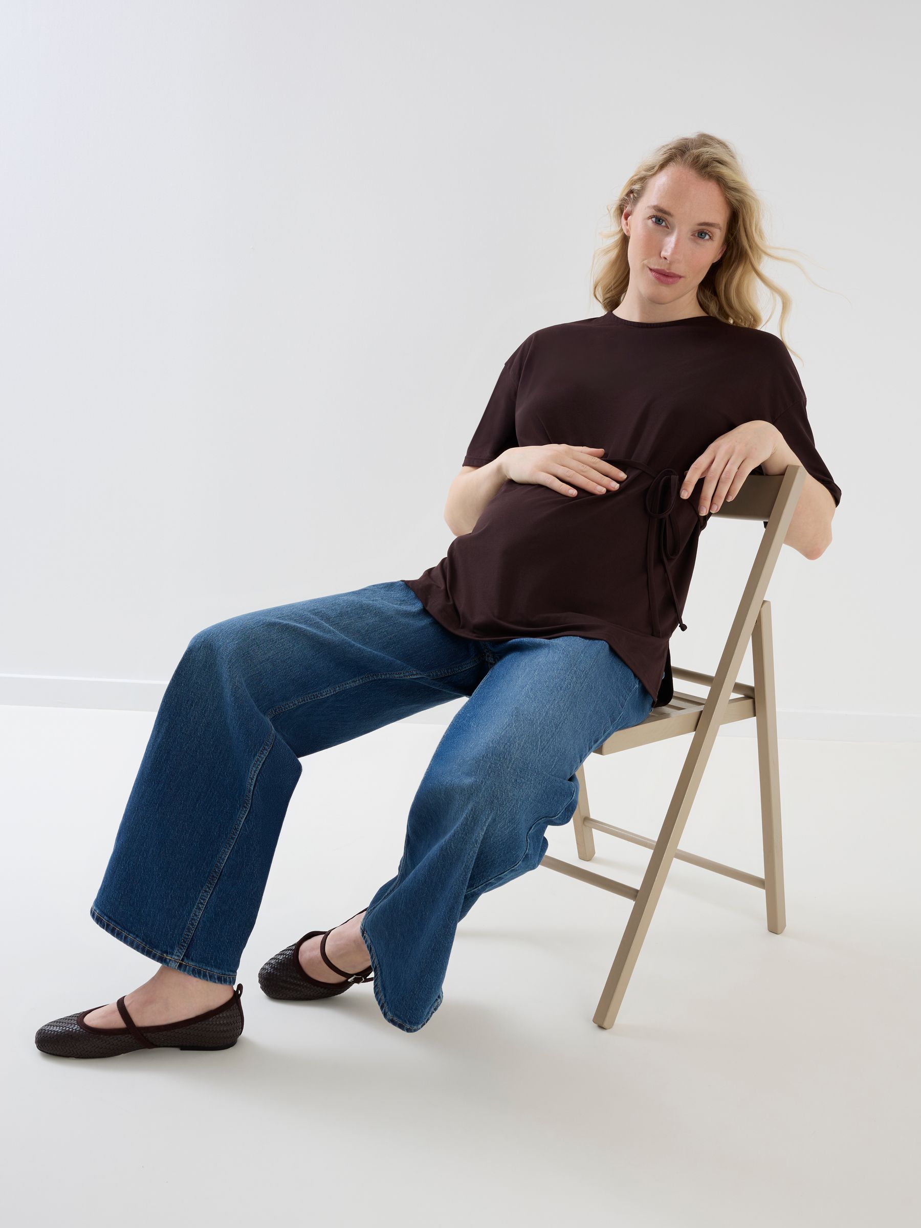 Chocolate Brown Oversized Tie Boyfriend Maternity Shirt - Image 2 of 5 Chocolate Brown Oversized Tie Boyfriend Maternity Shirt - Image 2 of 5
