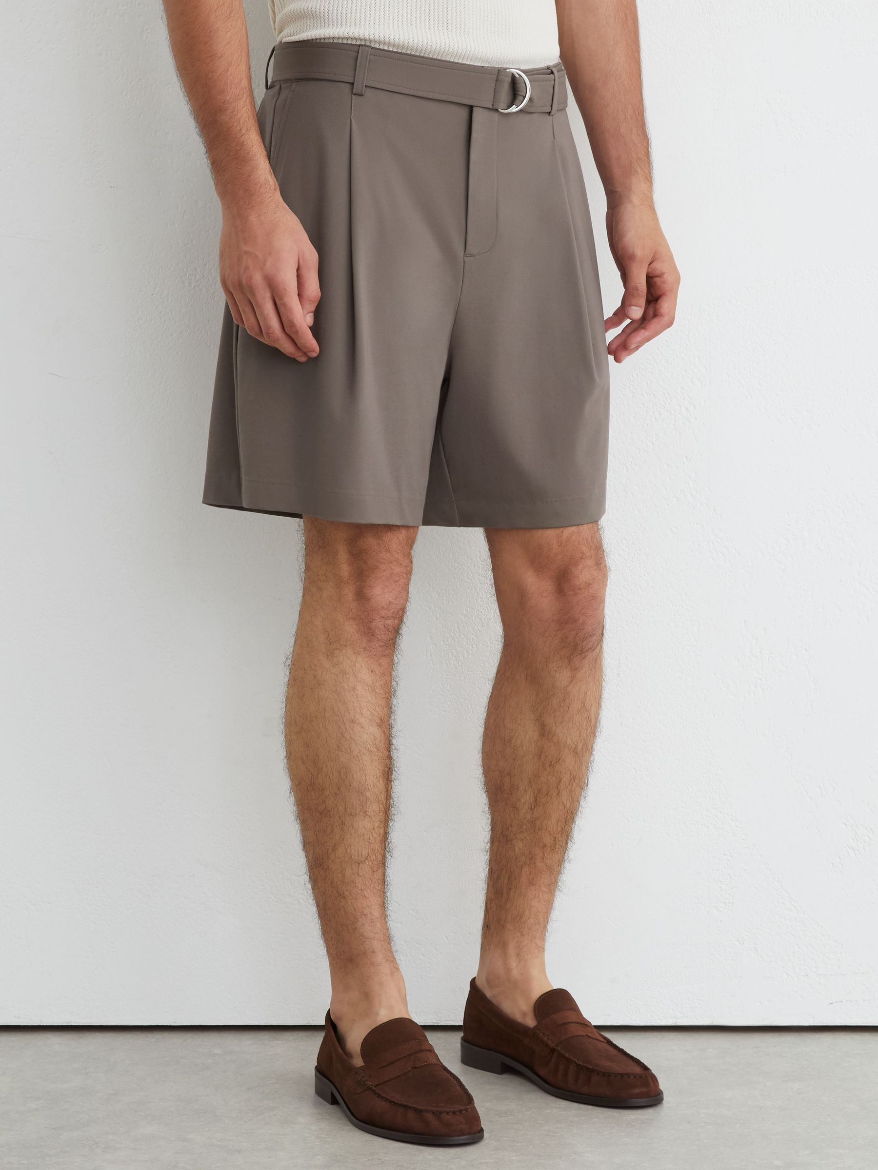 Belted Pleated Shorts in Taupe Brown - Image 4 of 6