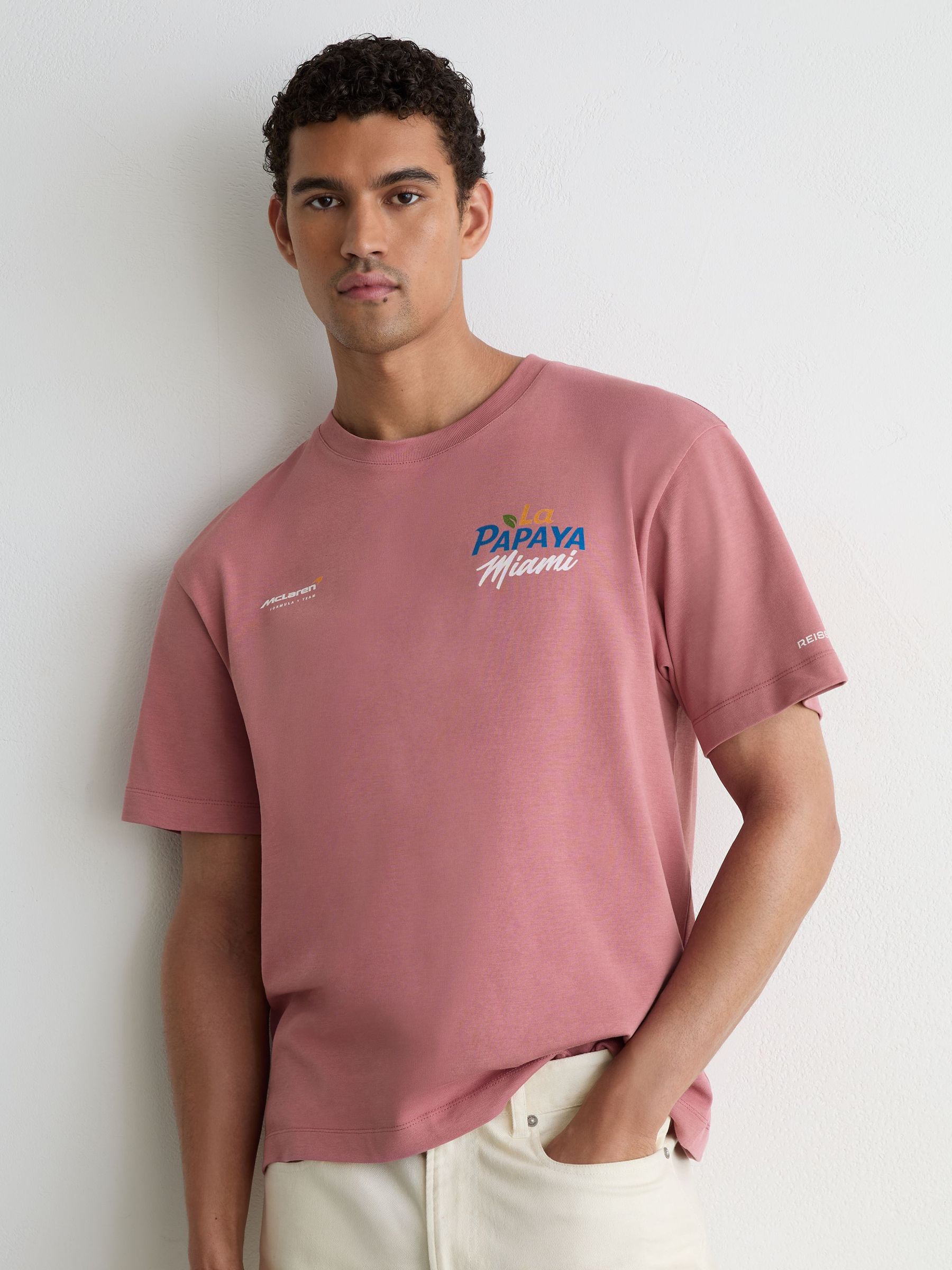 McLaren Racing Miami Papaya-Print T-Shirt Unisex-Fit in Soft Pink - Image 1 of 7